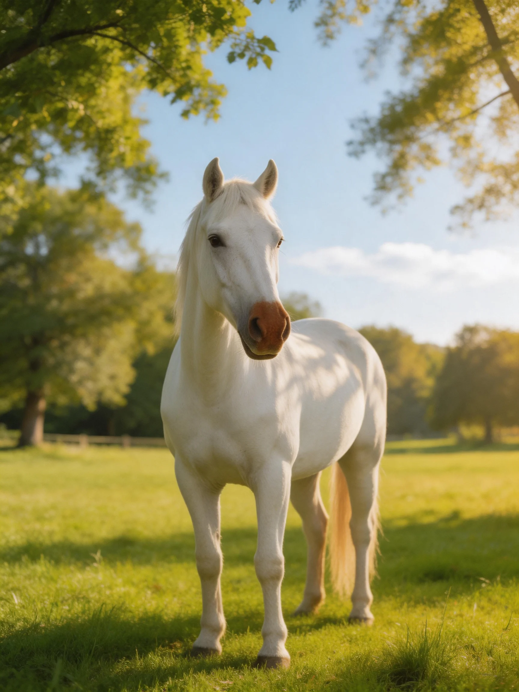 A white horse stands in a sunlit meadow with trees in the distance