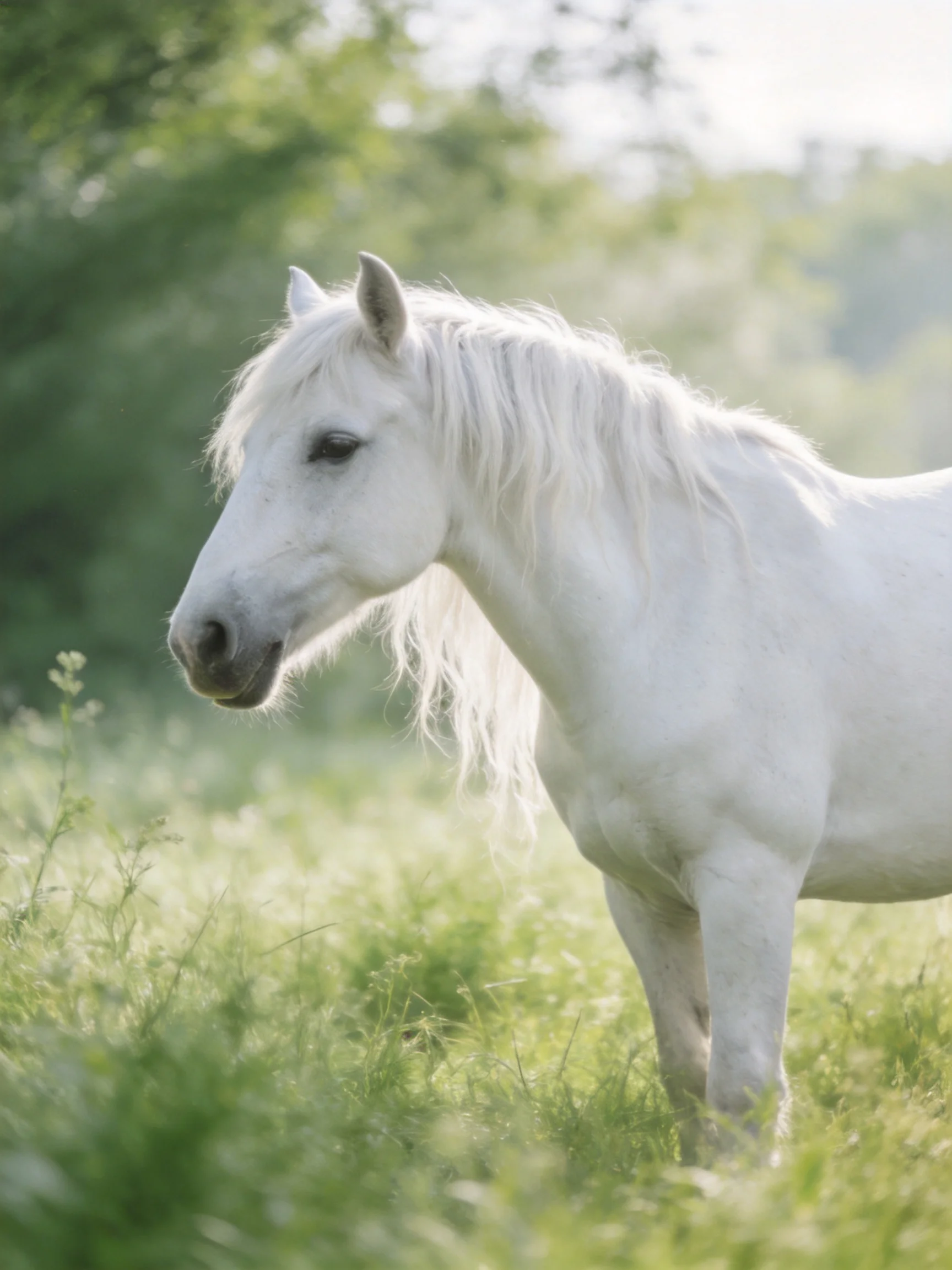 A majestic white horse stands in a sunlit green meadow