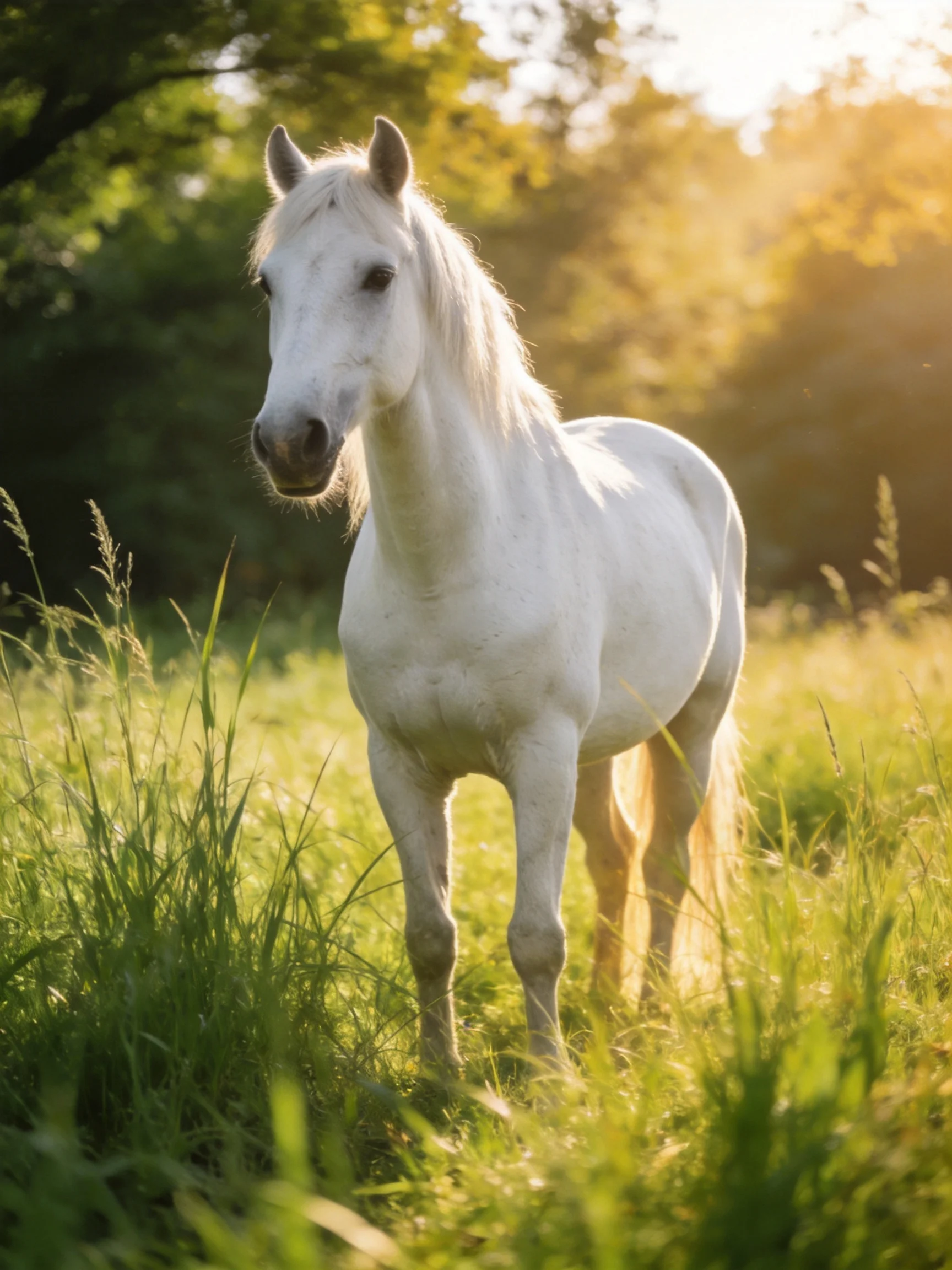 A white horse stands calmly amid tall grass in a sunlit natural landscape.