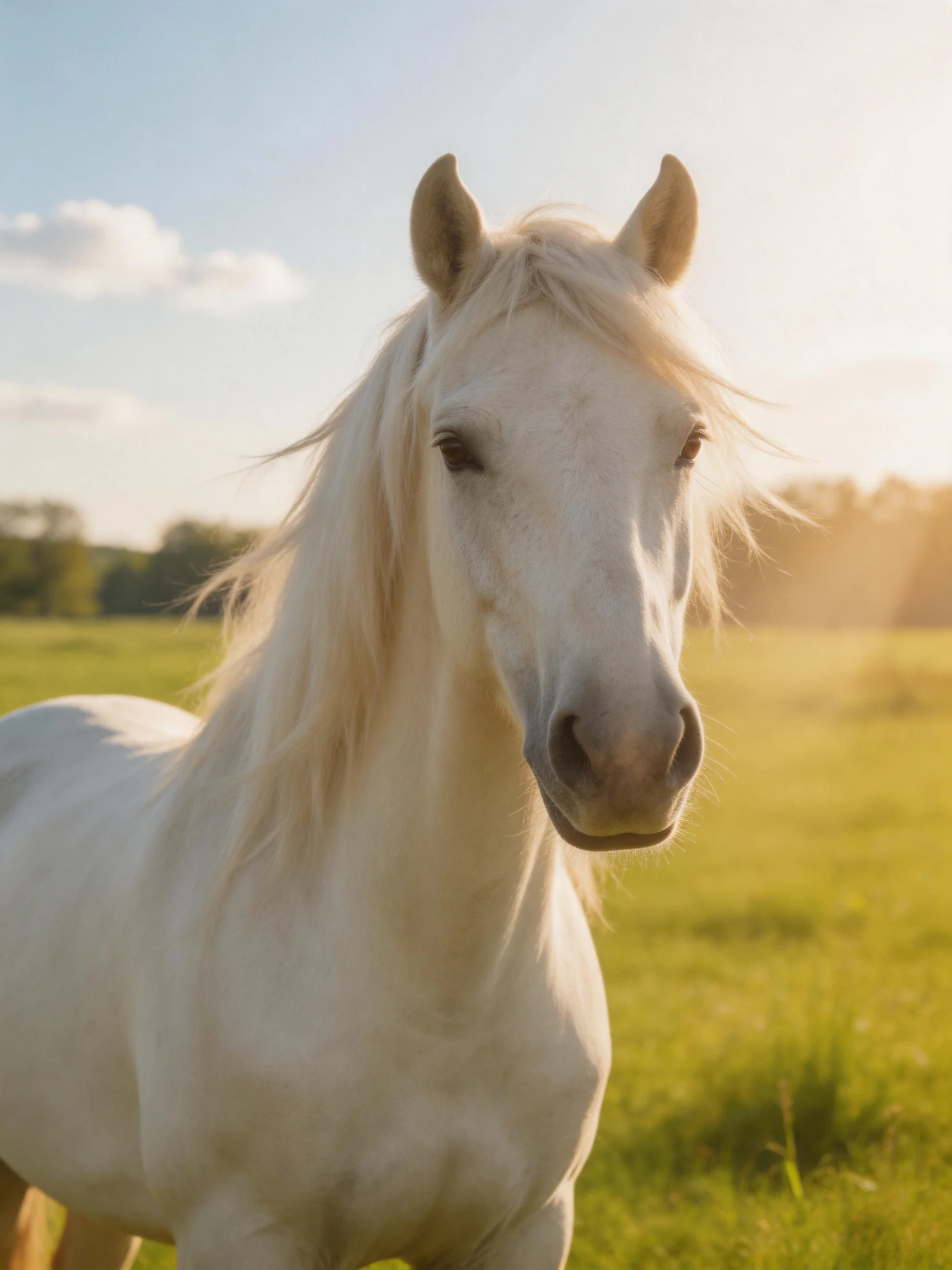 A white horse stands in a sunlit meadow with green surroundings.