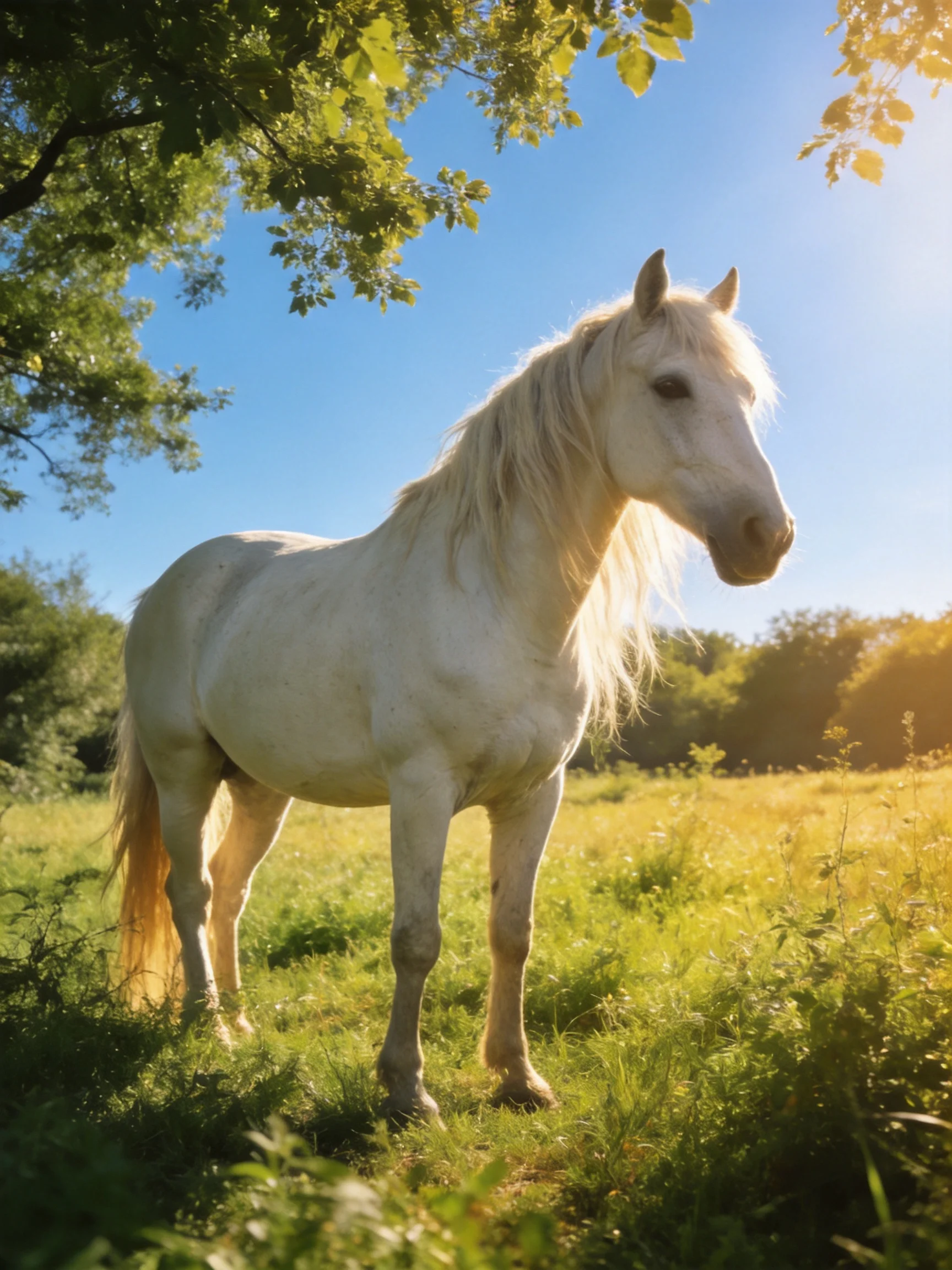A white horse stands in a sunlit meadow surrounded by greenery.