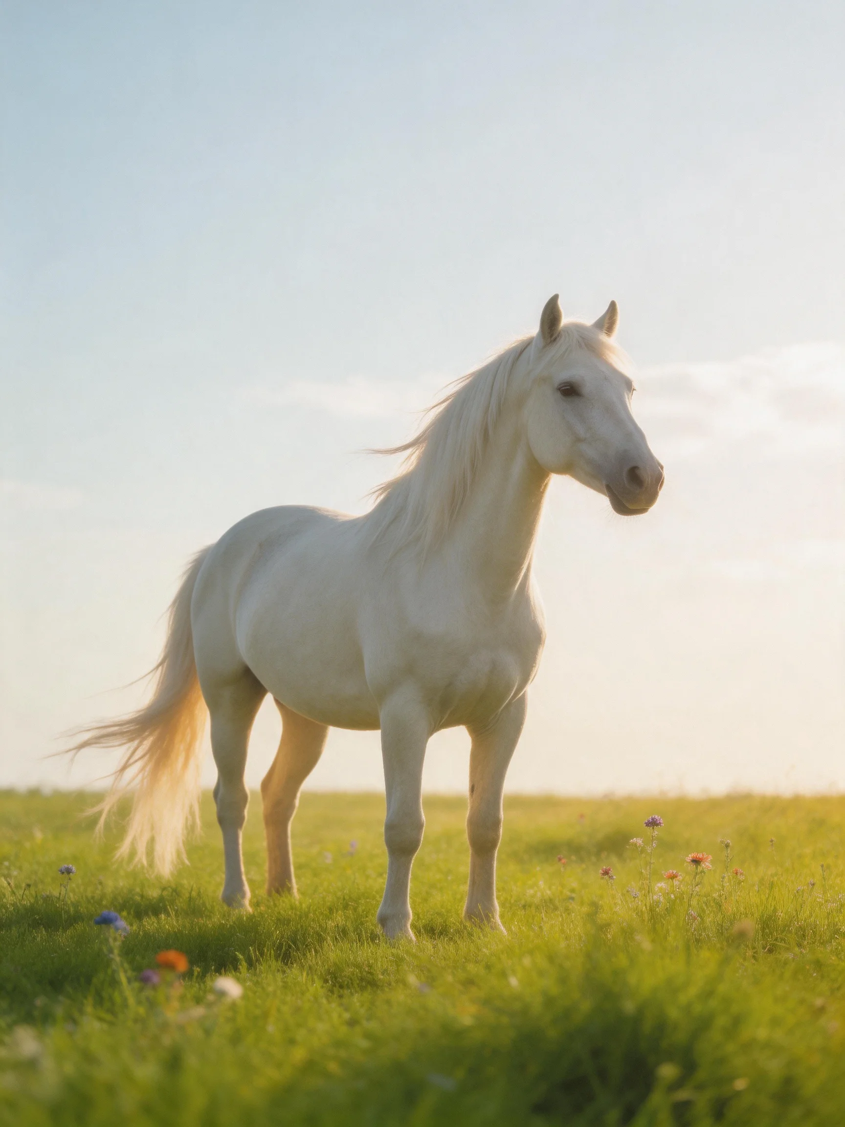 A white horse stands in a sunlit meadow with green grass and flowers.