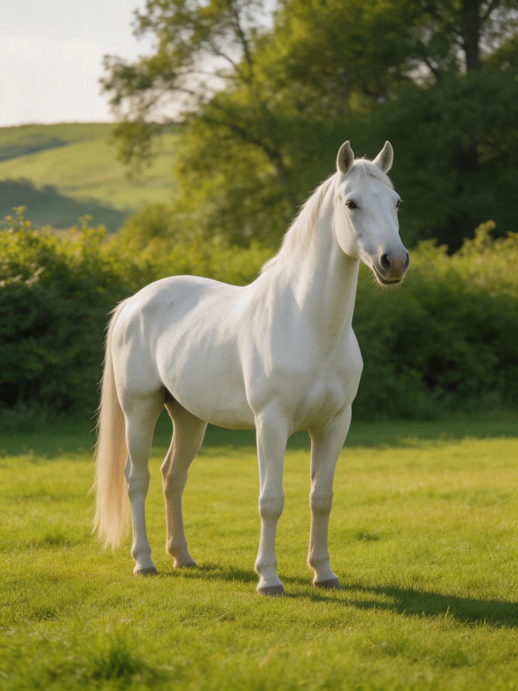 A white horse stands calmly in a sunlit meadow with green surroundings.