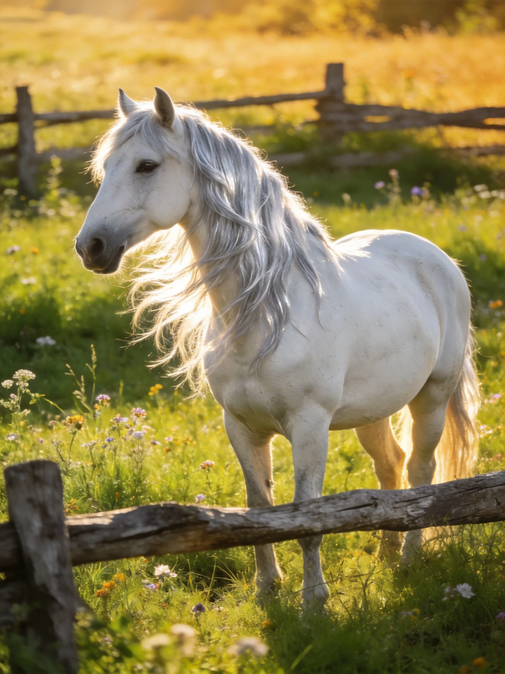 A white horse stands in a sunlit meadow with wildflowers and a wooden fence.