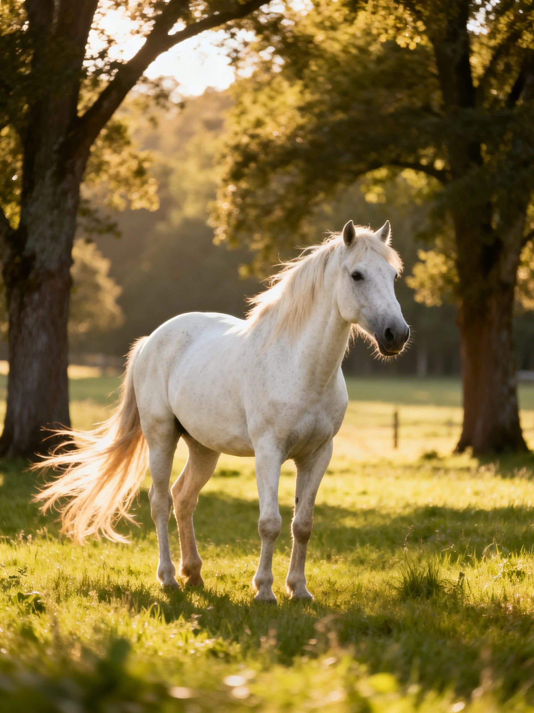 A white horse stands in a sunlit meadow with surrounding trees.