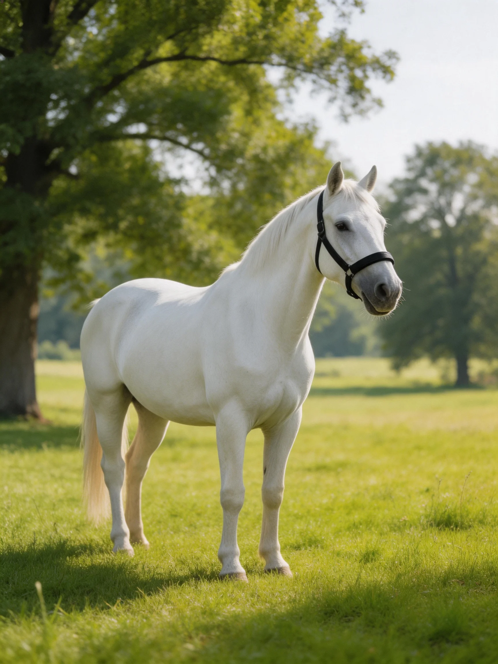A white horse stands in a sunlit green meadow near large trees