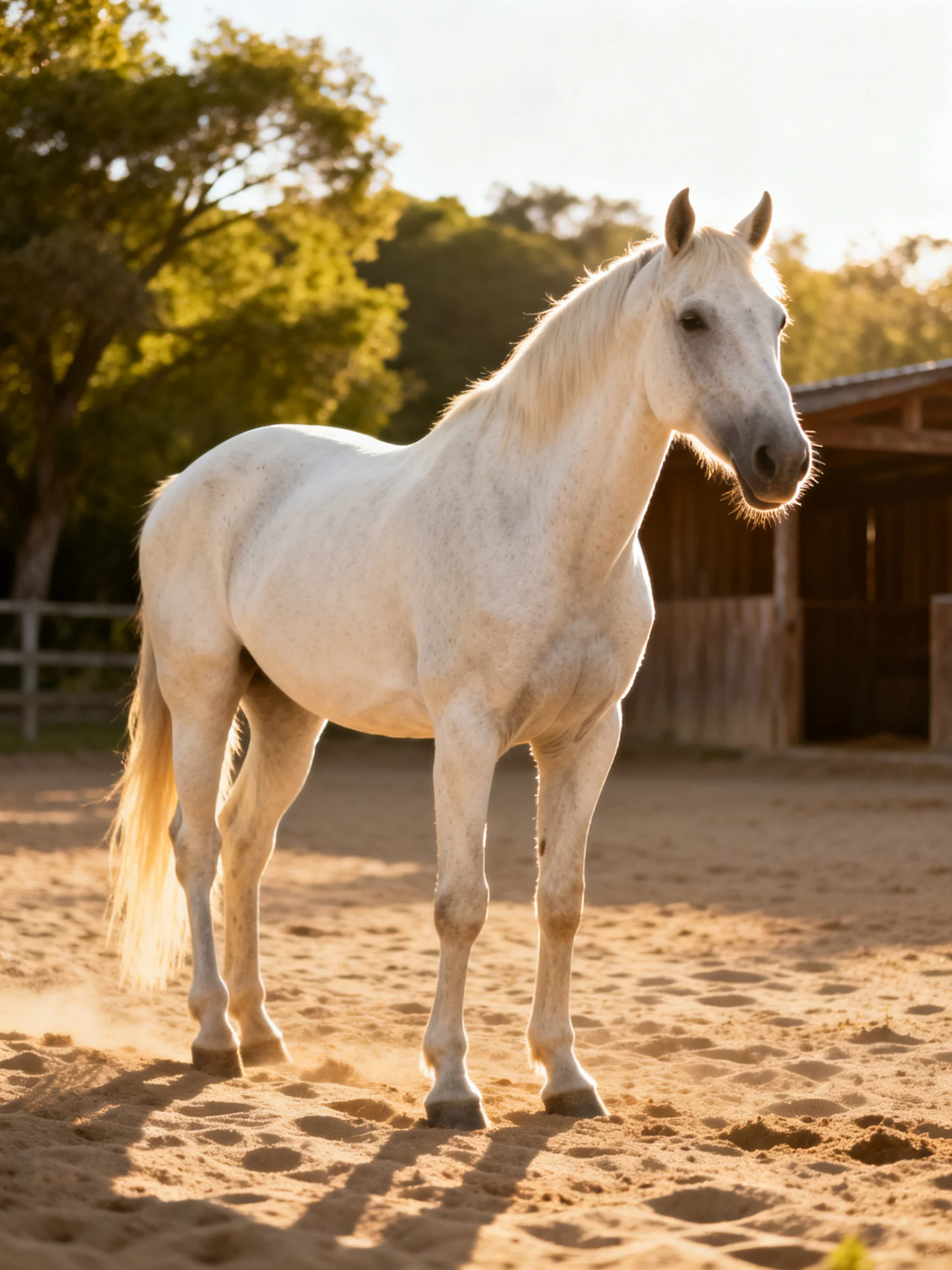 A white horse stands in a sunlit sandy area near a wooden barn.