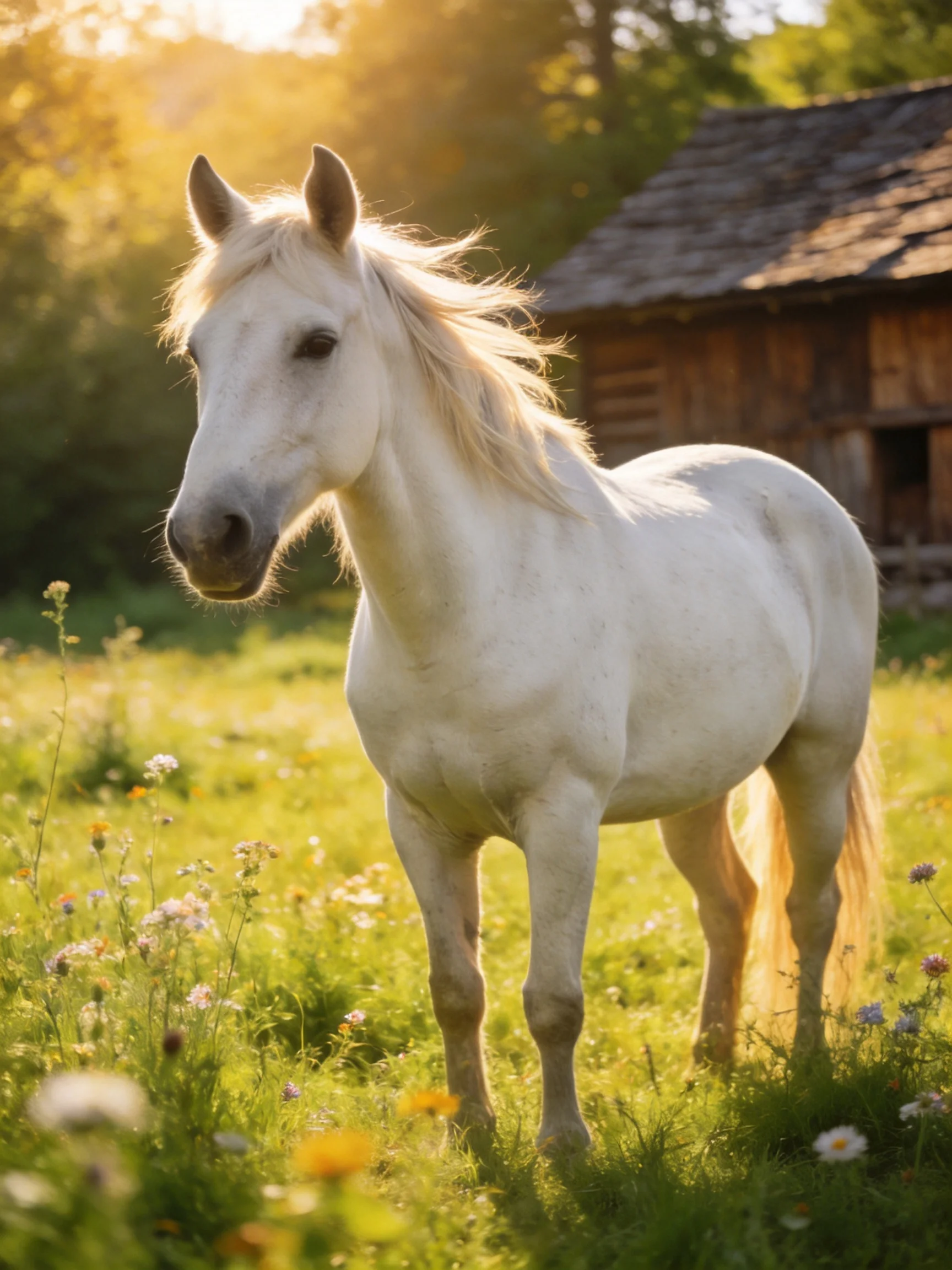 A white horse stands in a sunlit meadow with wildflowers beside a rustic barn.