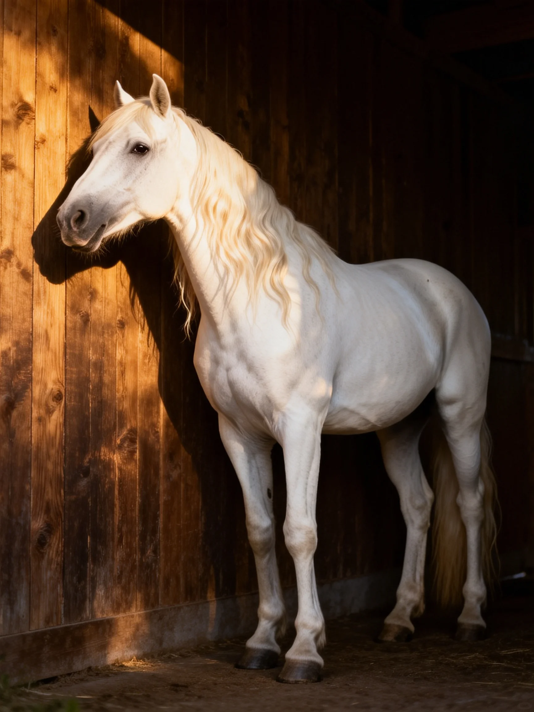 A white horse stands beside a wooden structure illuminated by sunlight.