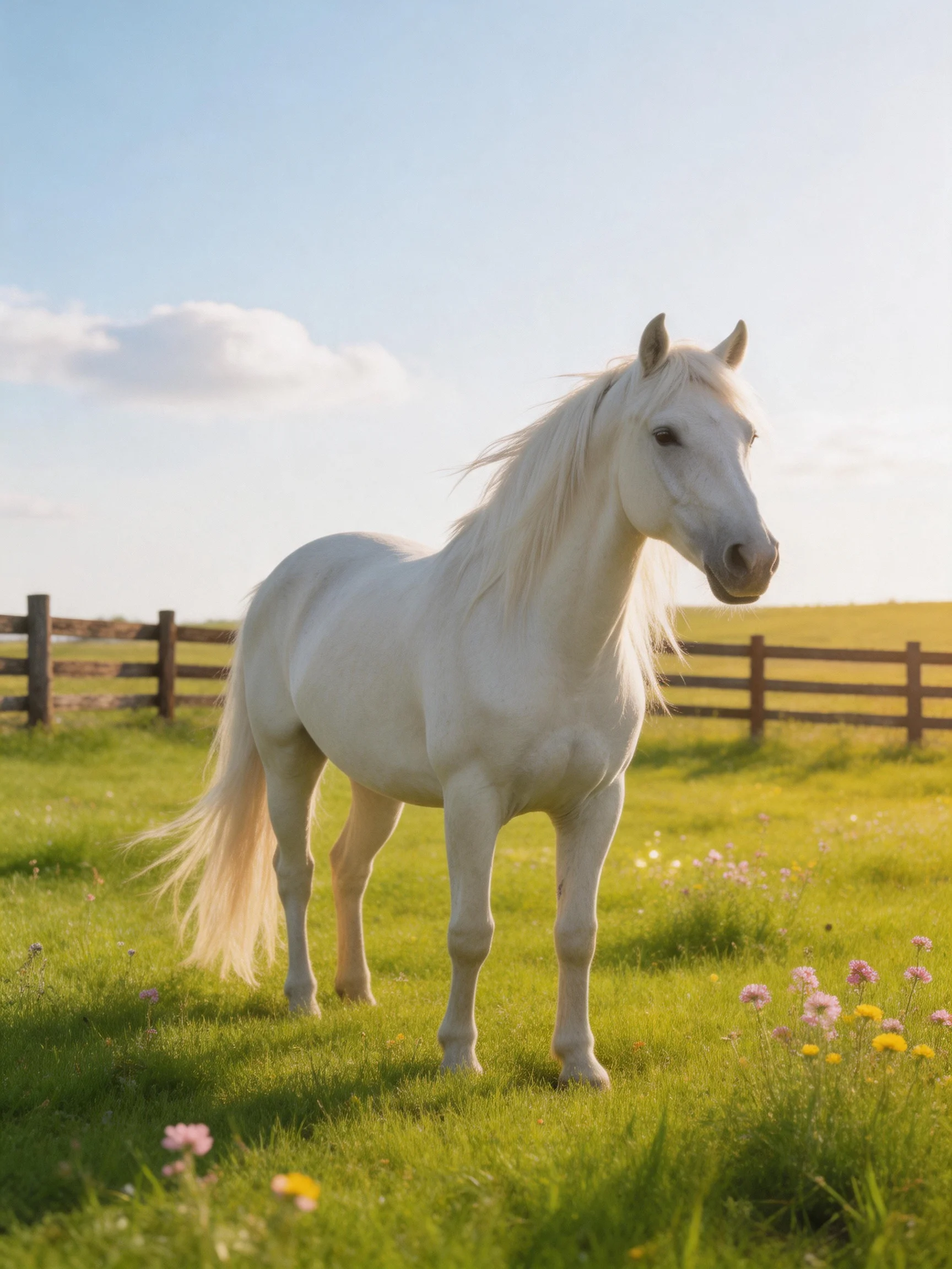 A white horse stands in a sunny green meadow near a wooden fence.