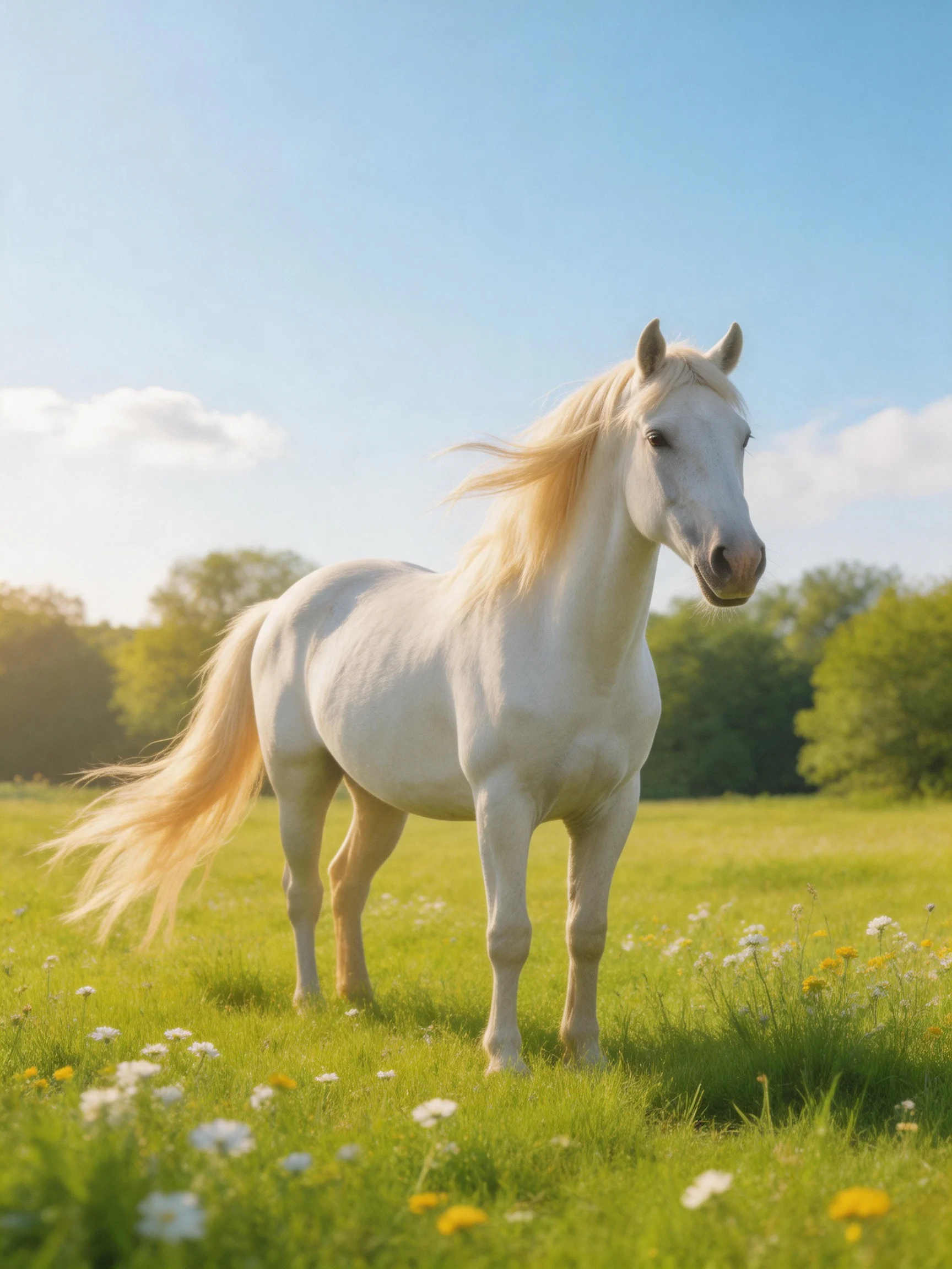 A white horse stands peacefully in a sunlit meadow with wildflowers