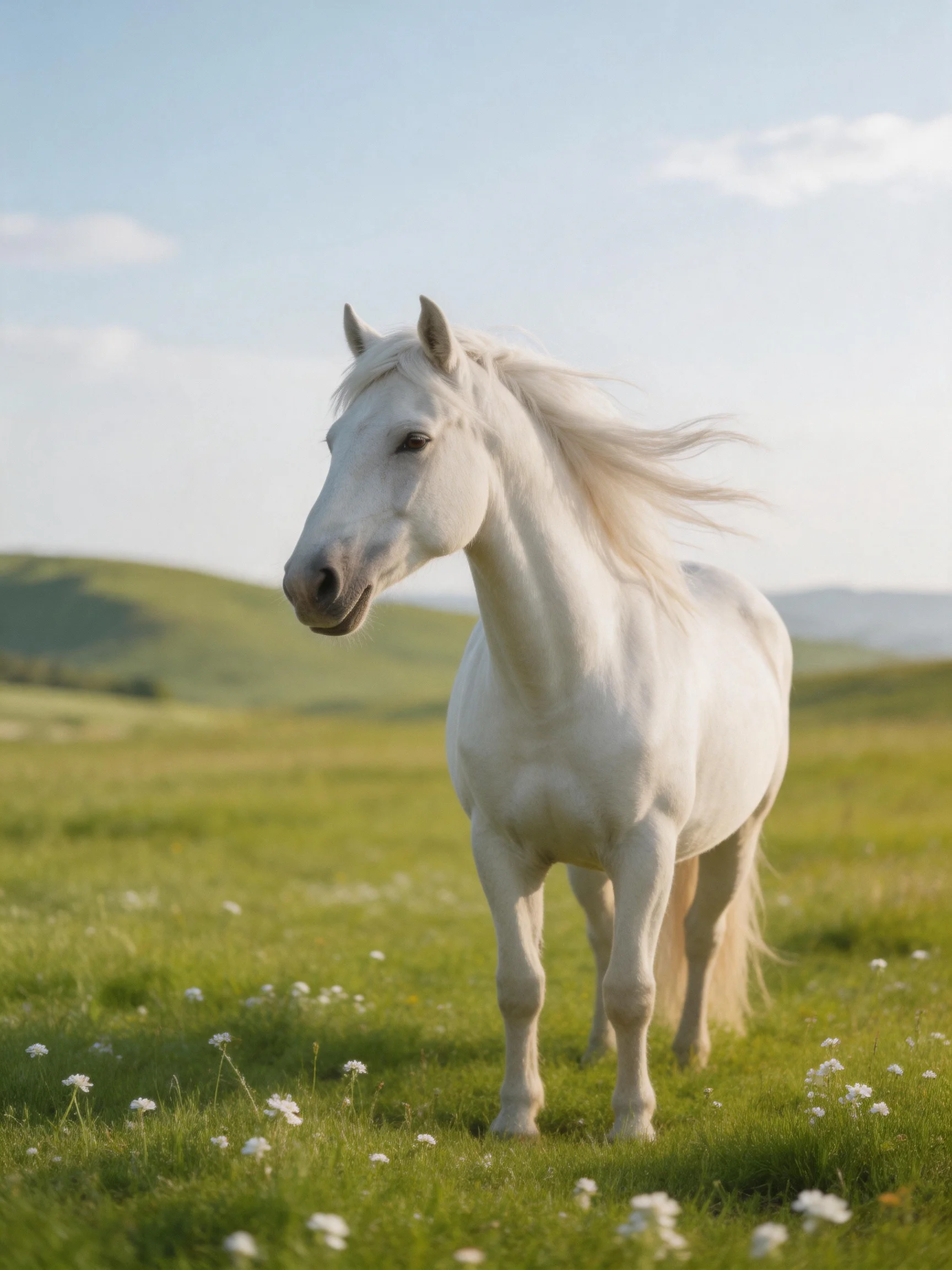 A white horse stands gracefully in a lush green meadow with rolling hills.
