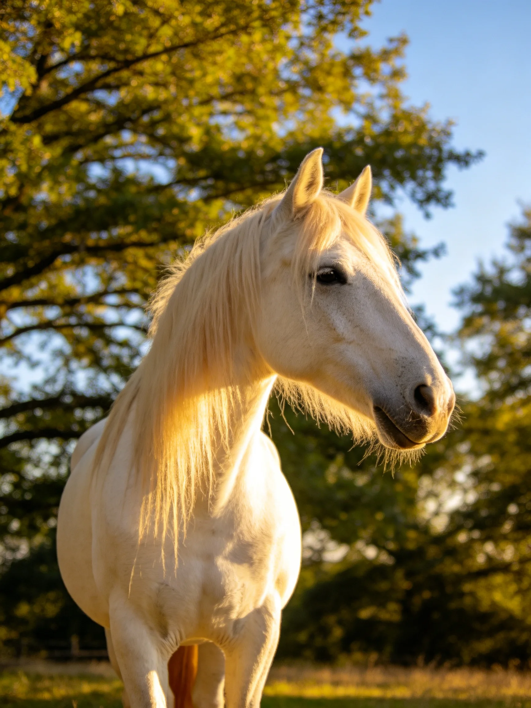 A white horse stands gracefully amid sunlit trees.
