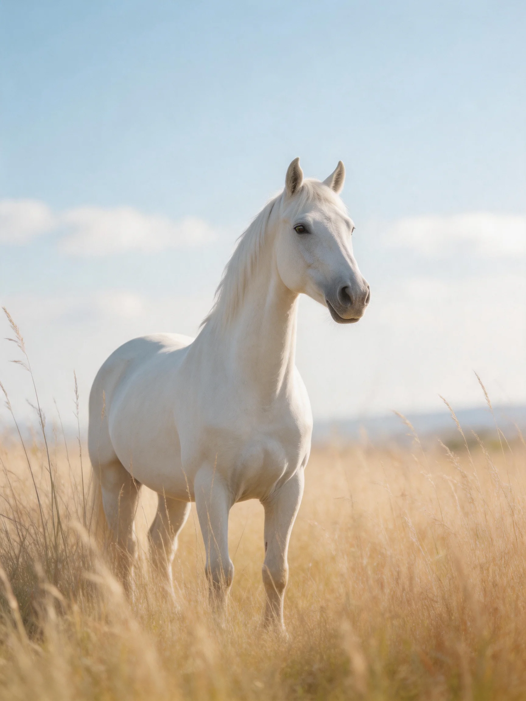 A white horse stands amid tall golden grasses in an open field.