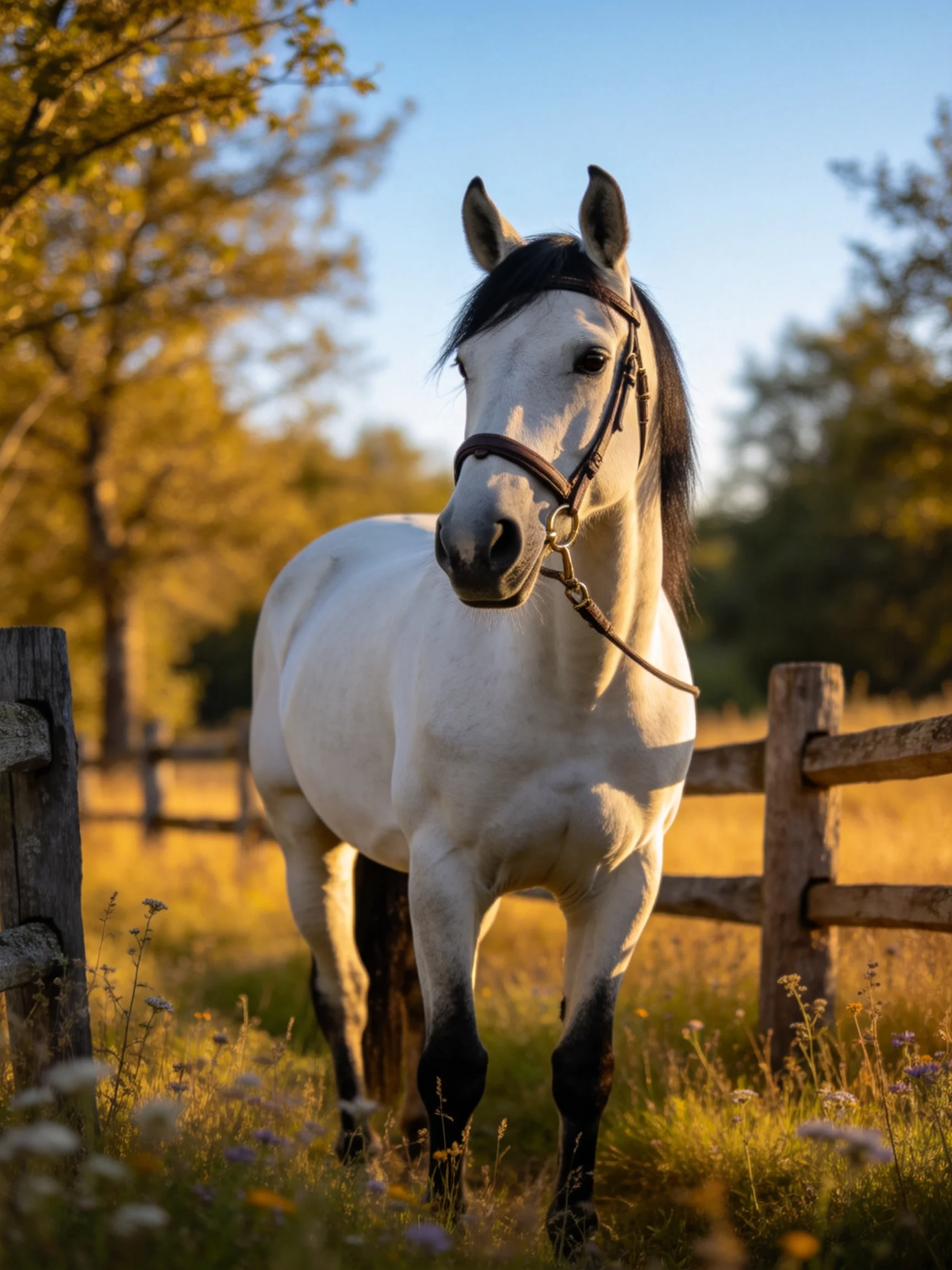 A white horse stands beside a wooden fence in a sunlit field.