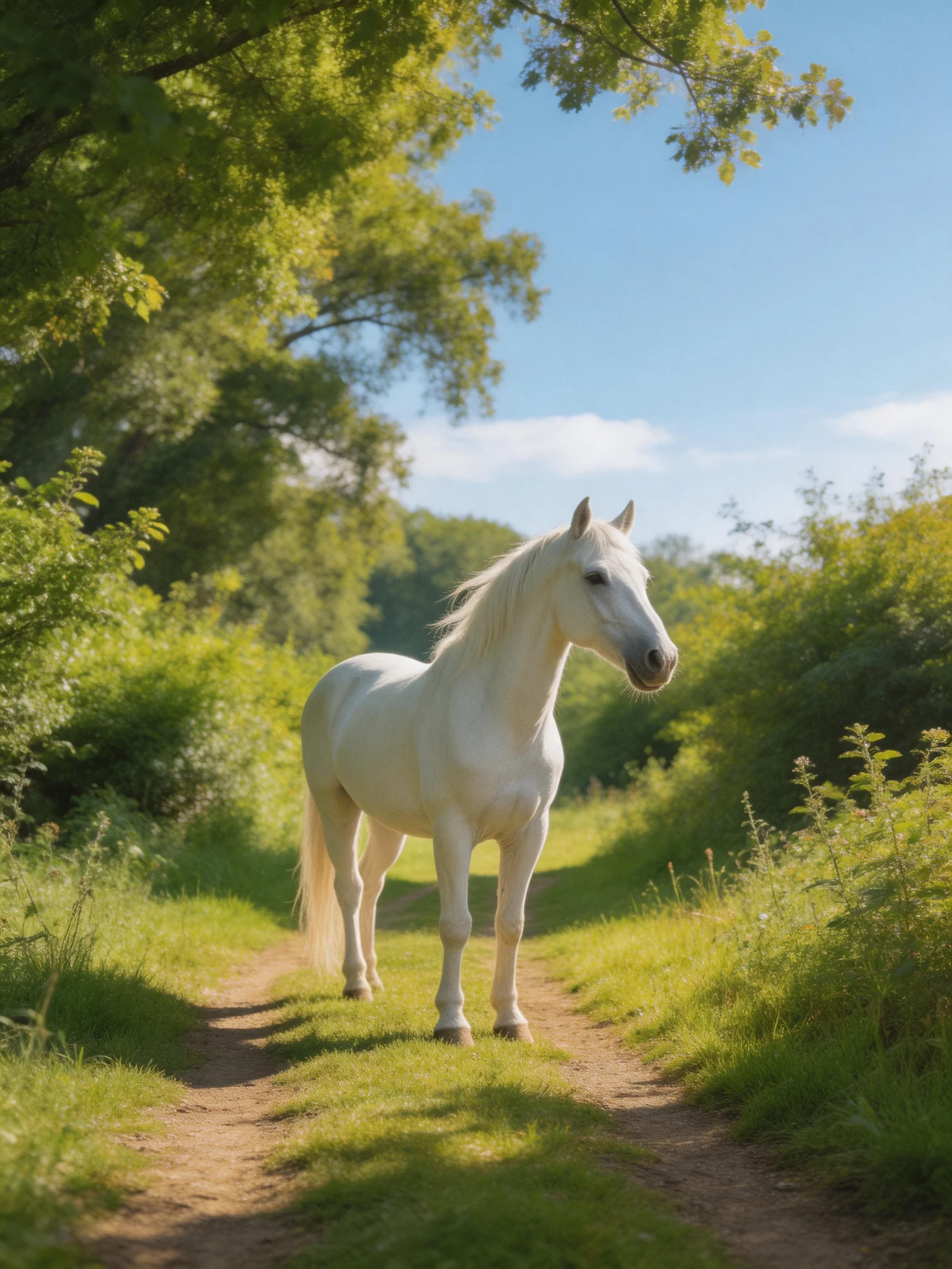 A white horse stands on a sunlit dirt path surrounded by greenery.