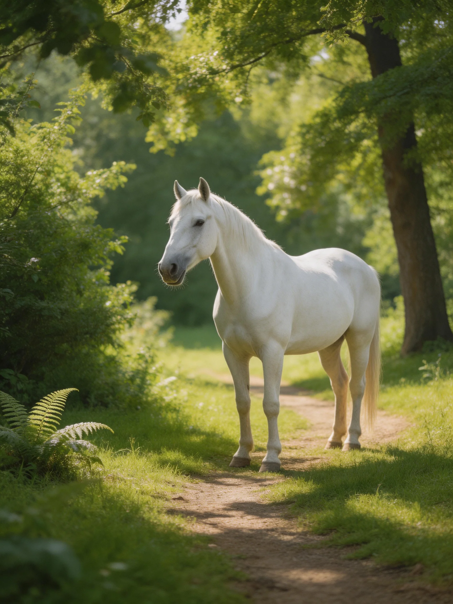 A white horse stands calmly on a sunlit forest trail surrounded by lush greenery.