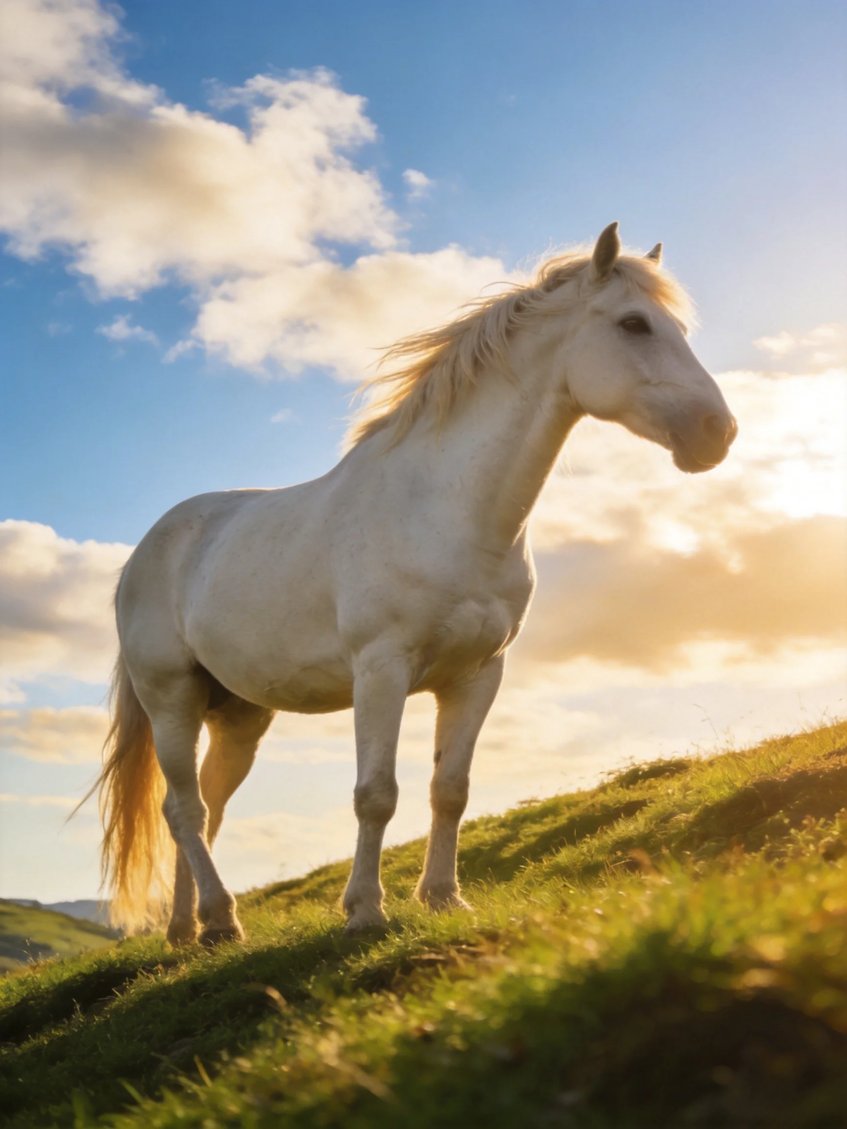 A majestic white horse stands on a sunlit grassy hillside