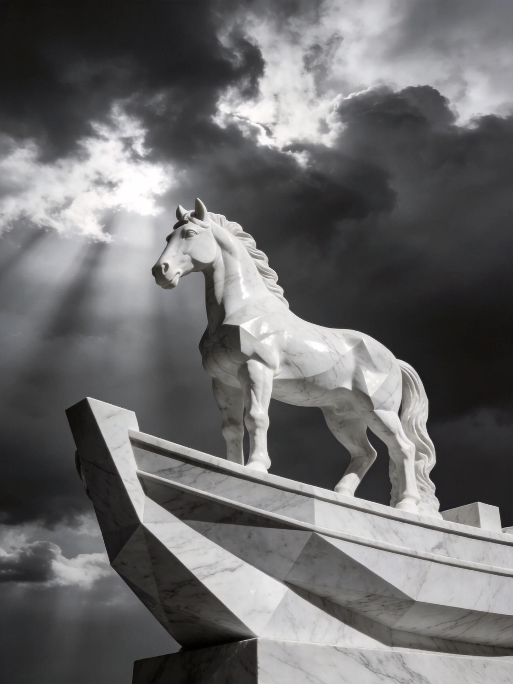 A white horse statue atop a geometric marble structure under a dramatic cloudy sky.
