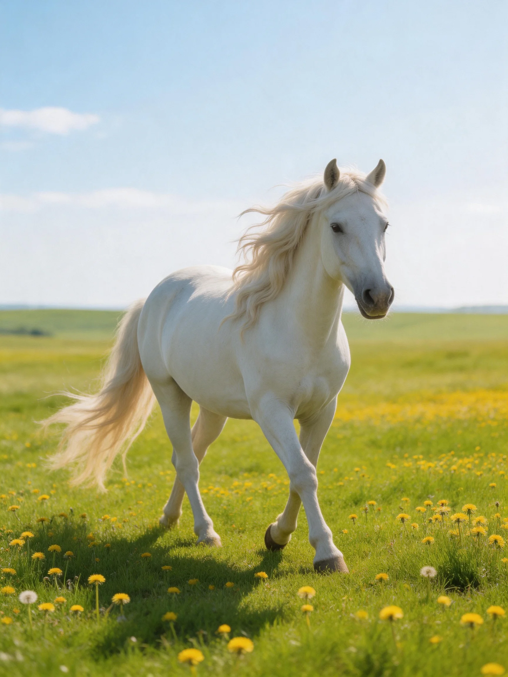 A majestic white horse trotting through a vibrant green meadow with yellow wildflowers