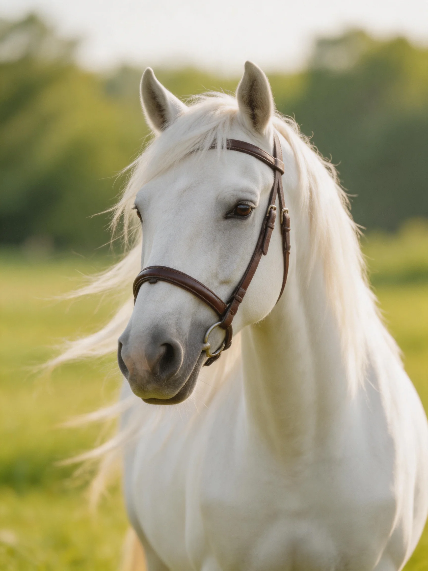 A majestic white horse wearing a brown bridle in a green meadow
