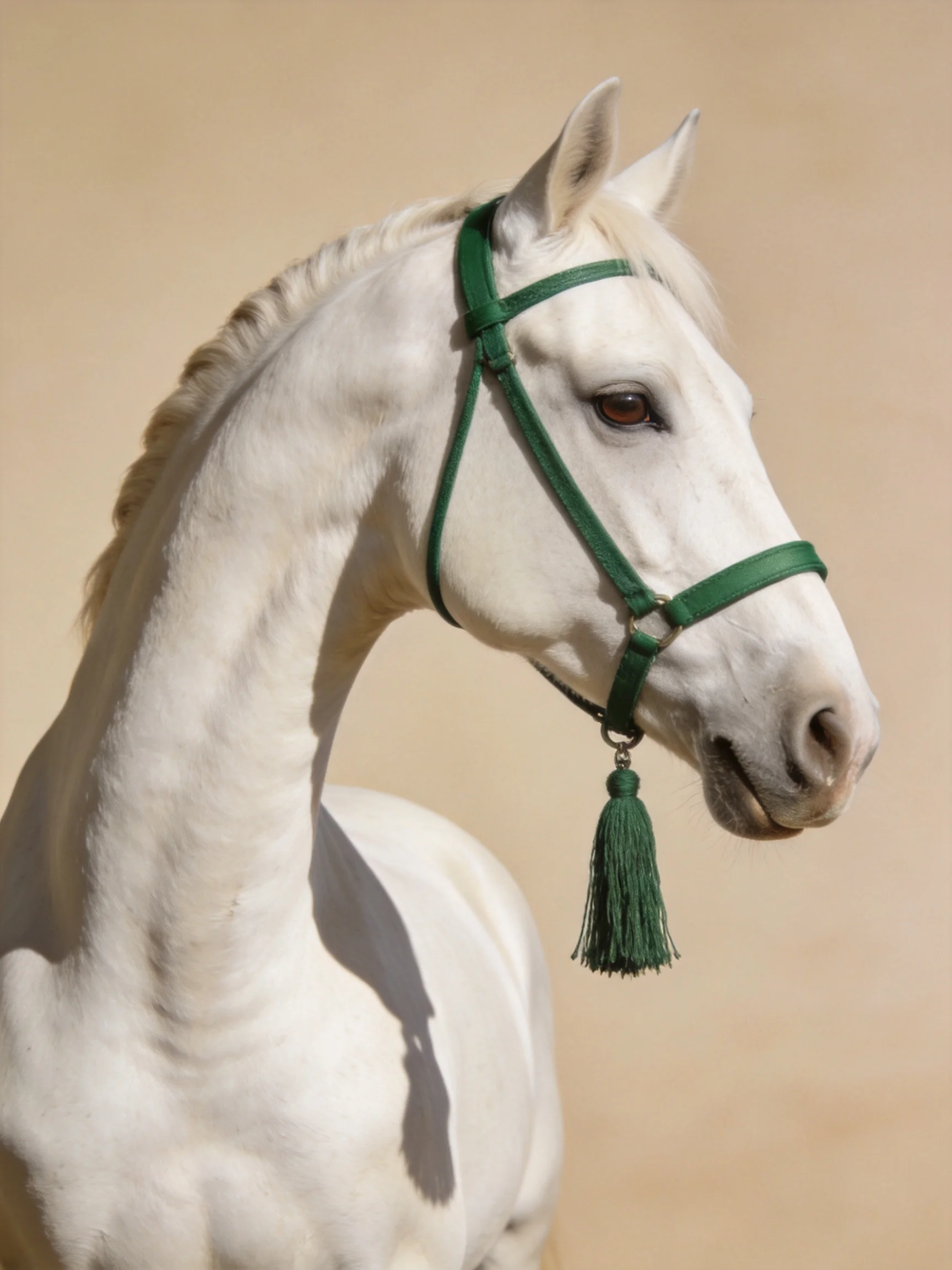 A majestic white horse wearing a dark green bridle with tassel