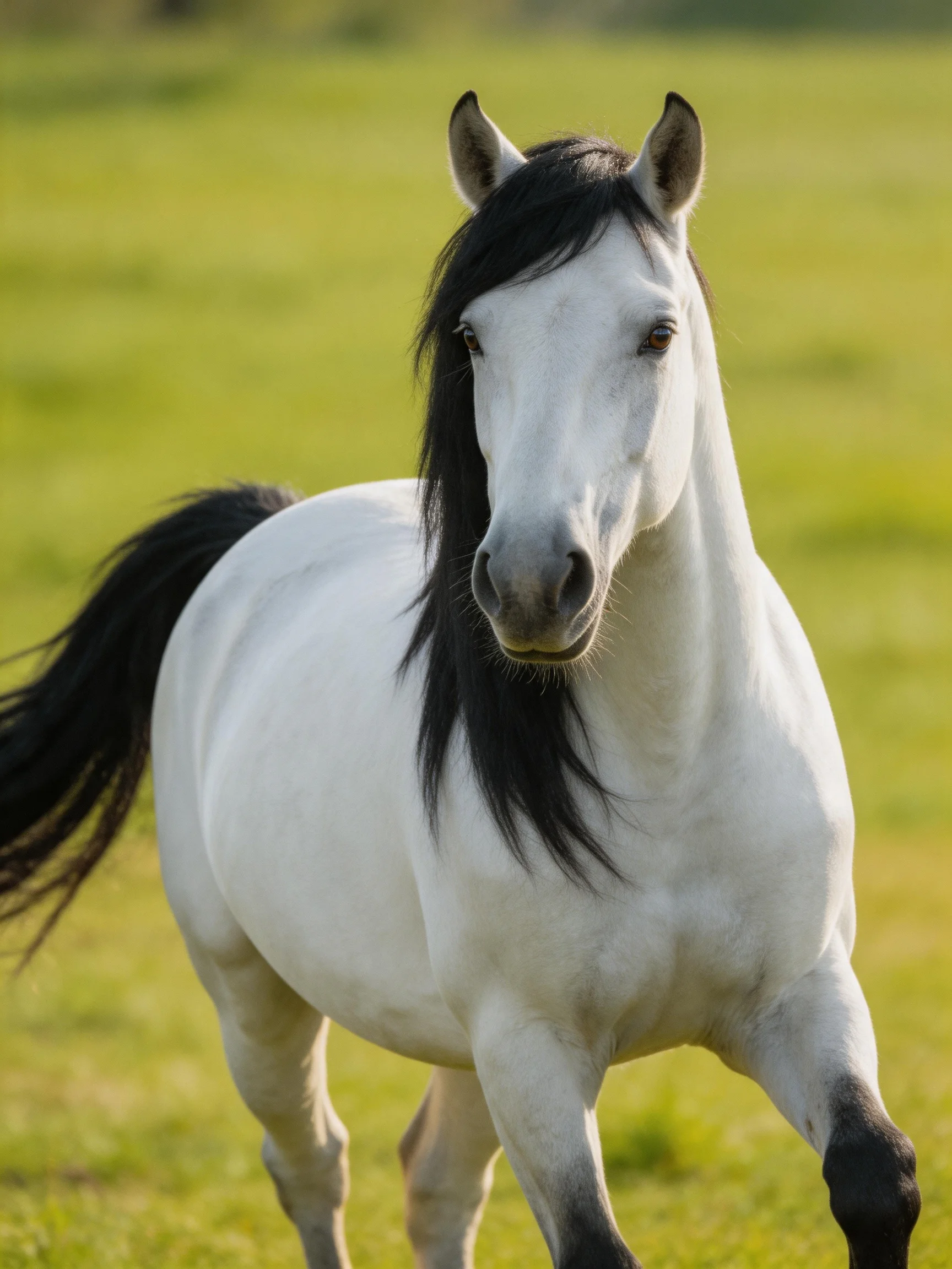 A white horse with a dark mane moves through a green field.