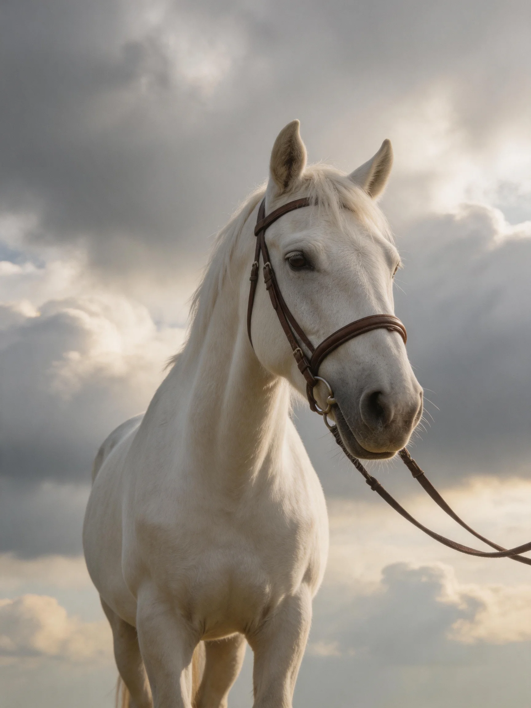 A white horse with a brown bridle stands beneath a cloudy sky.