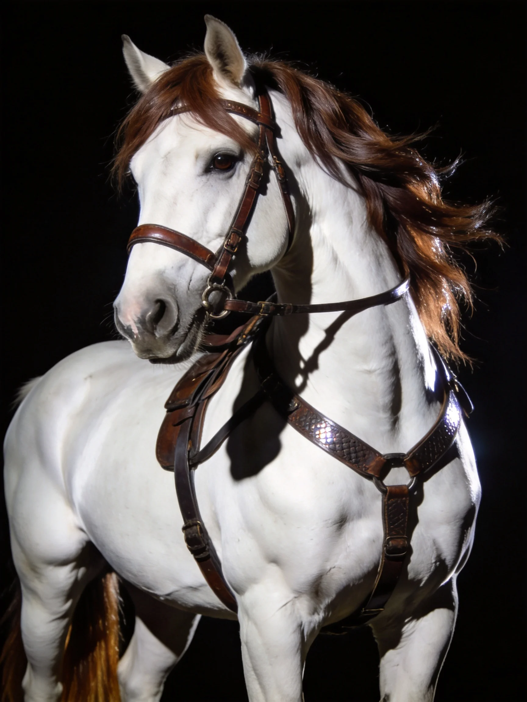 A white horse with brown mane and leather tack stands out against a dark background.