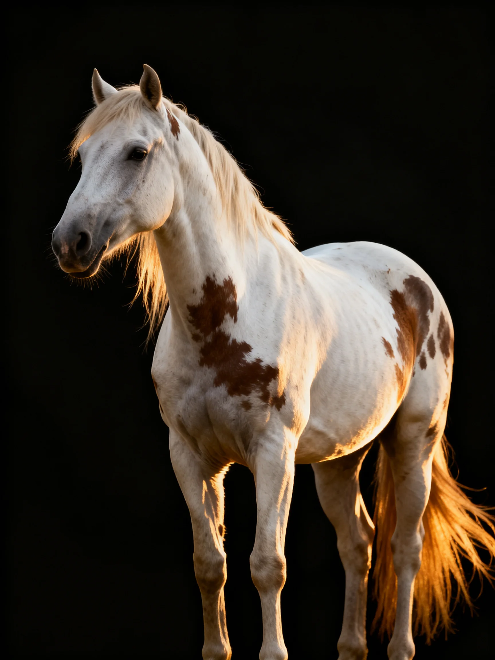A white horse with brown patches is highlighted against a dark background.
