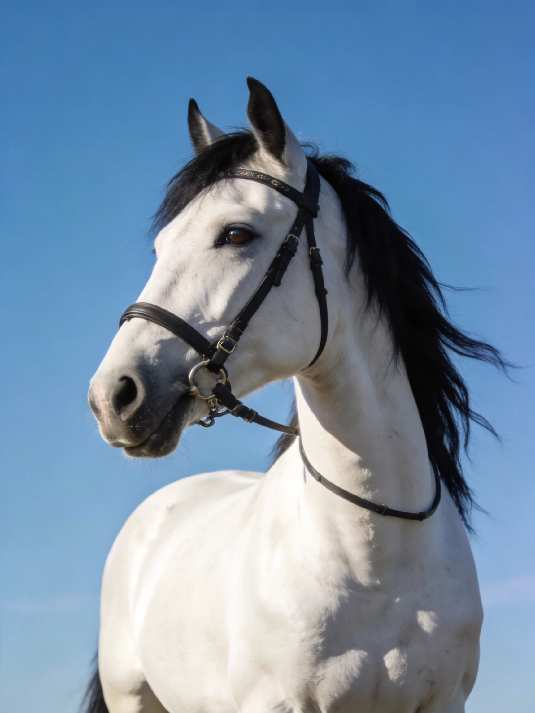 A white horse wearinga bridle stands against a bright blue sky.