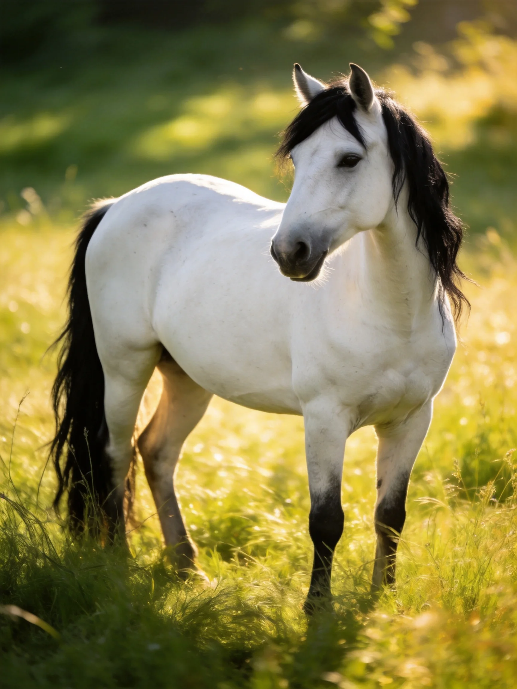 A white horse with dark accents stands in a sunlit meadow.