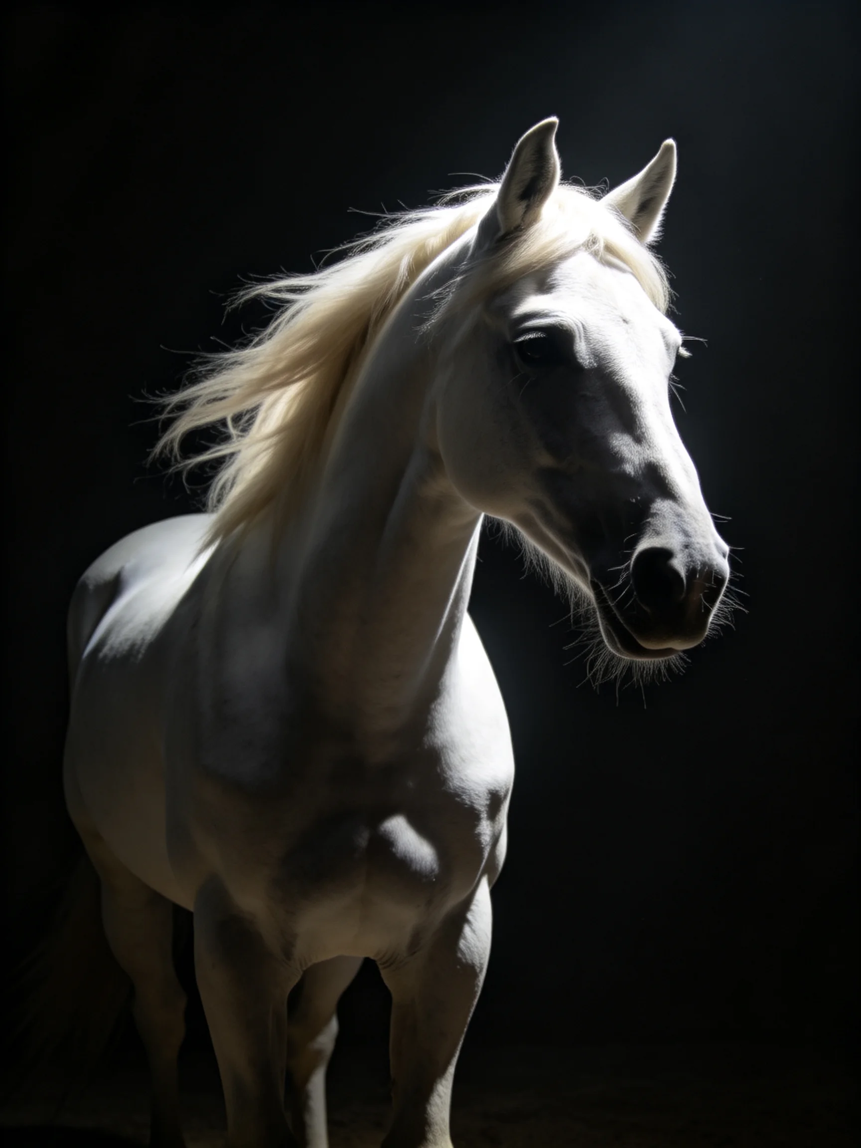 A white horse is highlighted by dramatic lighting against a dark background.