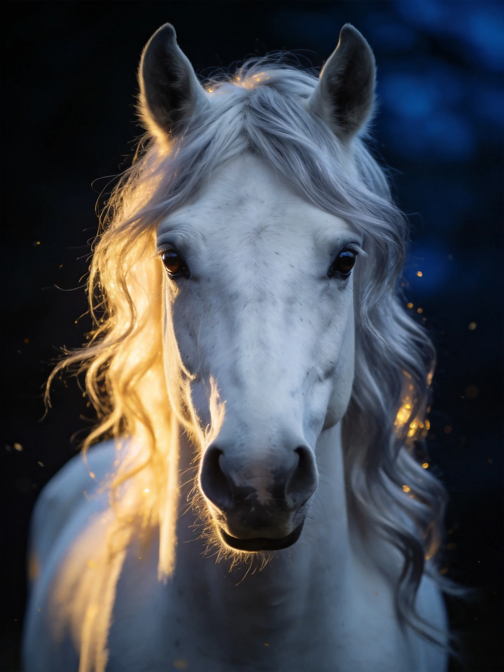 A close - up of a white horse with a long, wavy mane lit by golden light.