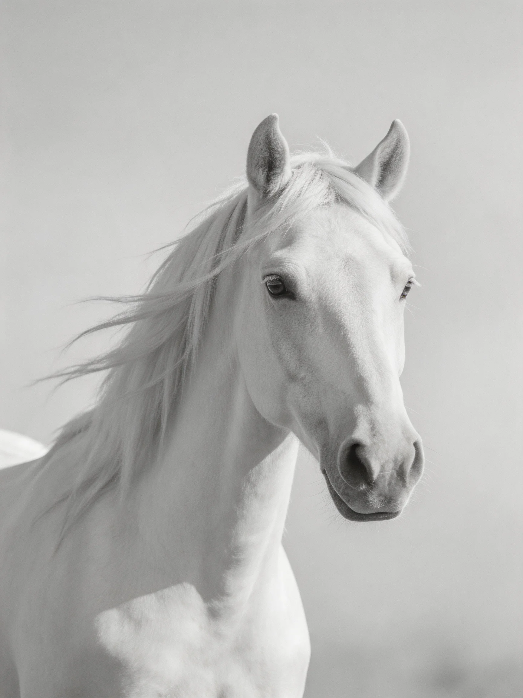 A close - up of a white horse with a flowing mane in a monochrome setting.
