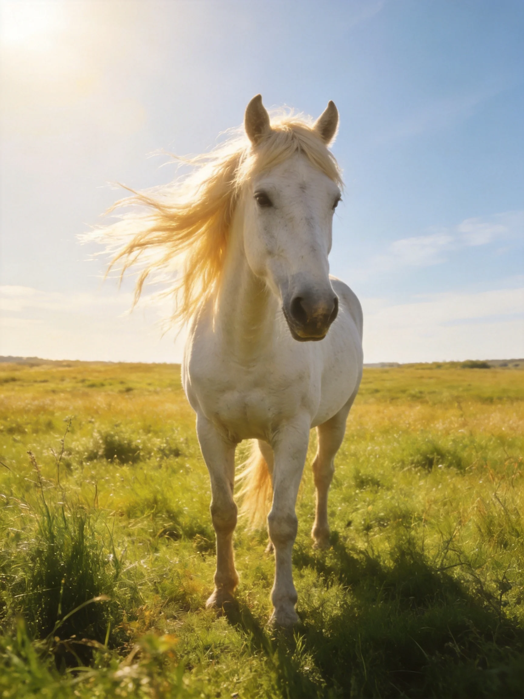 A majestic white horse with golden mane running through a sunlit green meadow