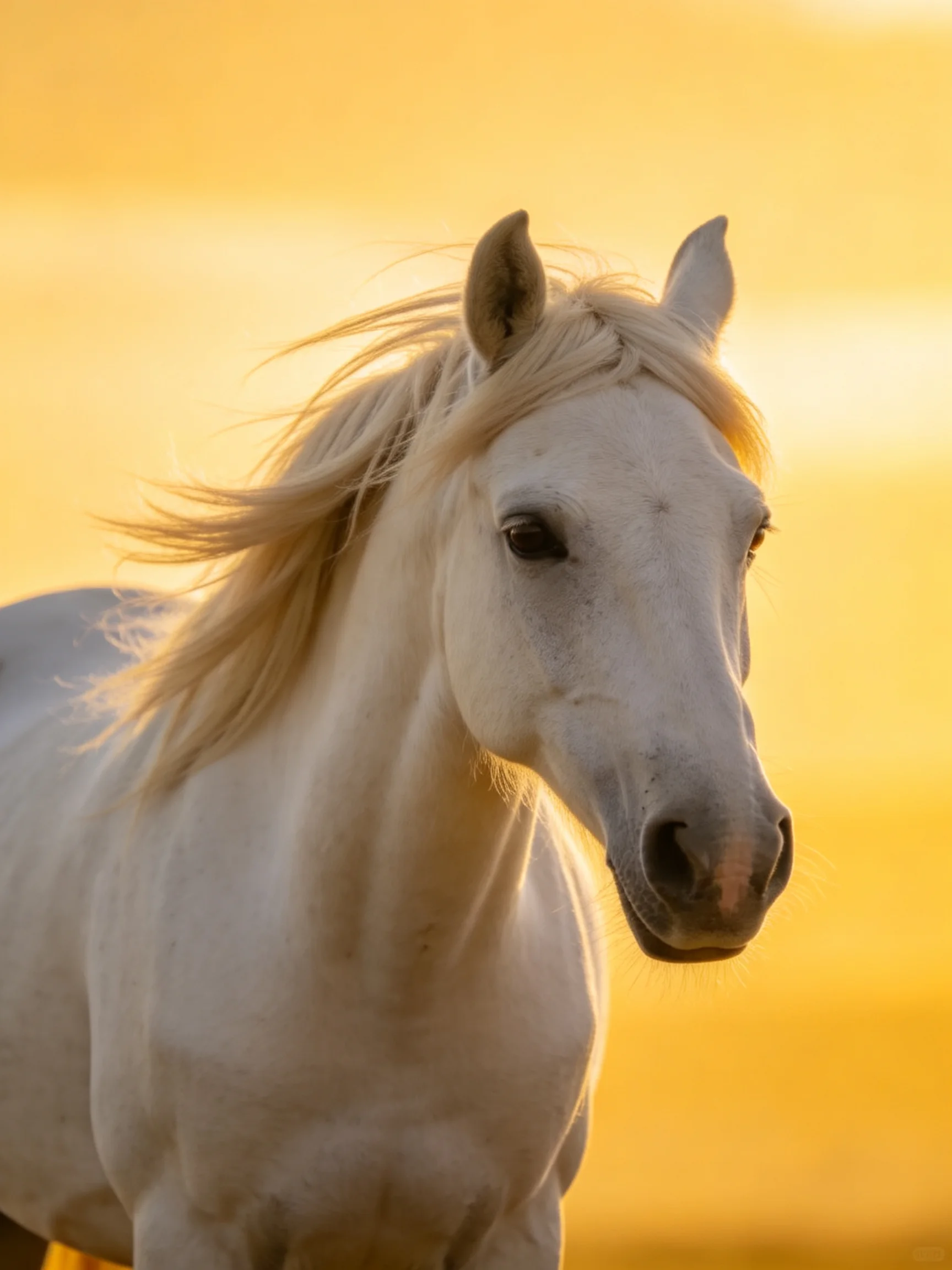 A majestic white horse with golden mane under glowing sunset