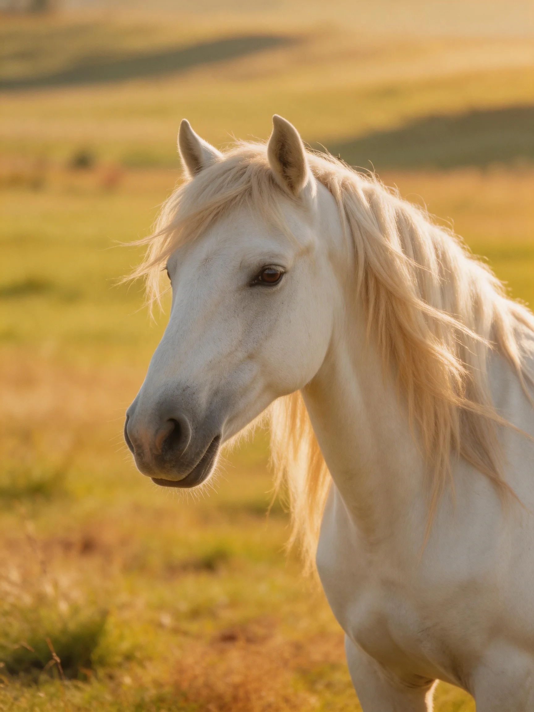 A majestic white horse with long blonde mane in a golden meadow