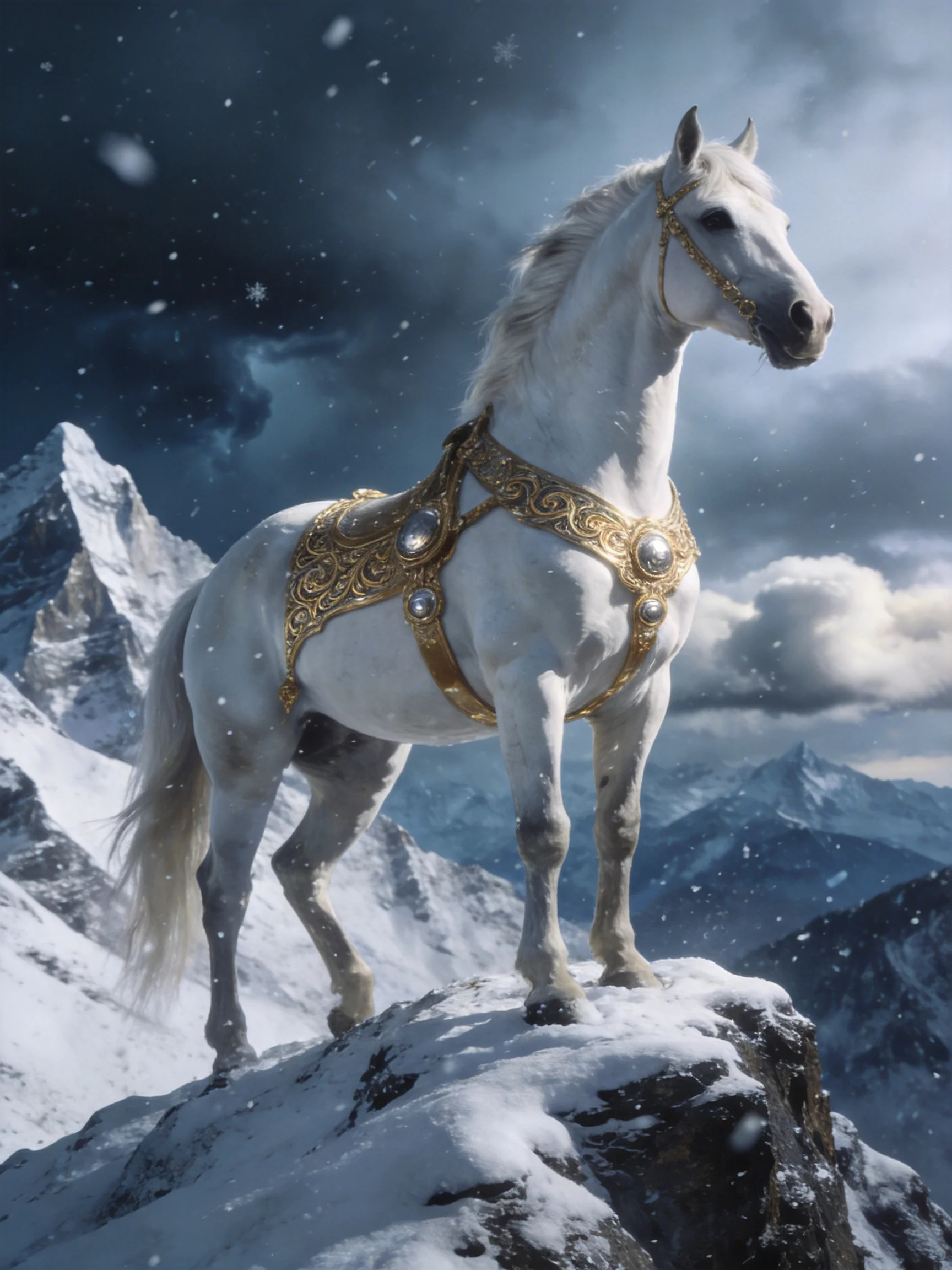 A majestic white horse with ornate golden gear stands atop a snow-covered peak
