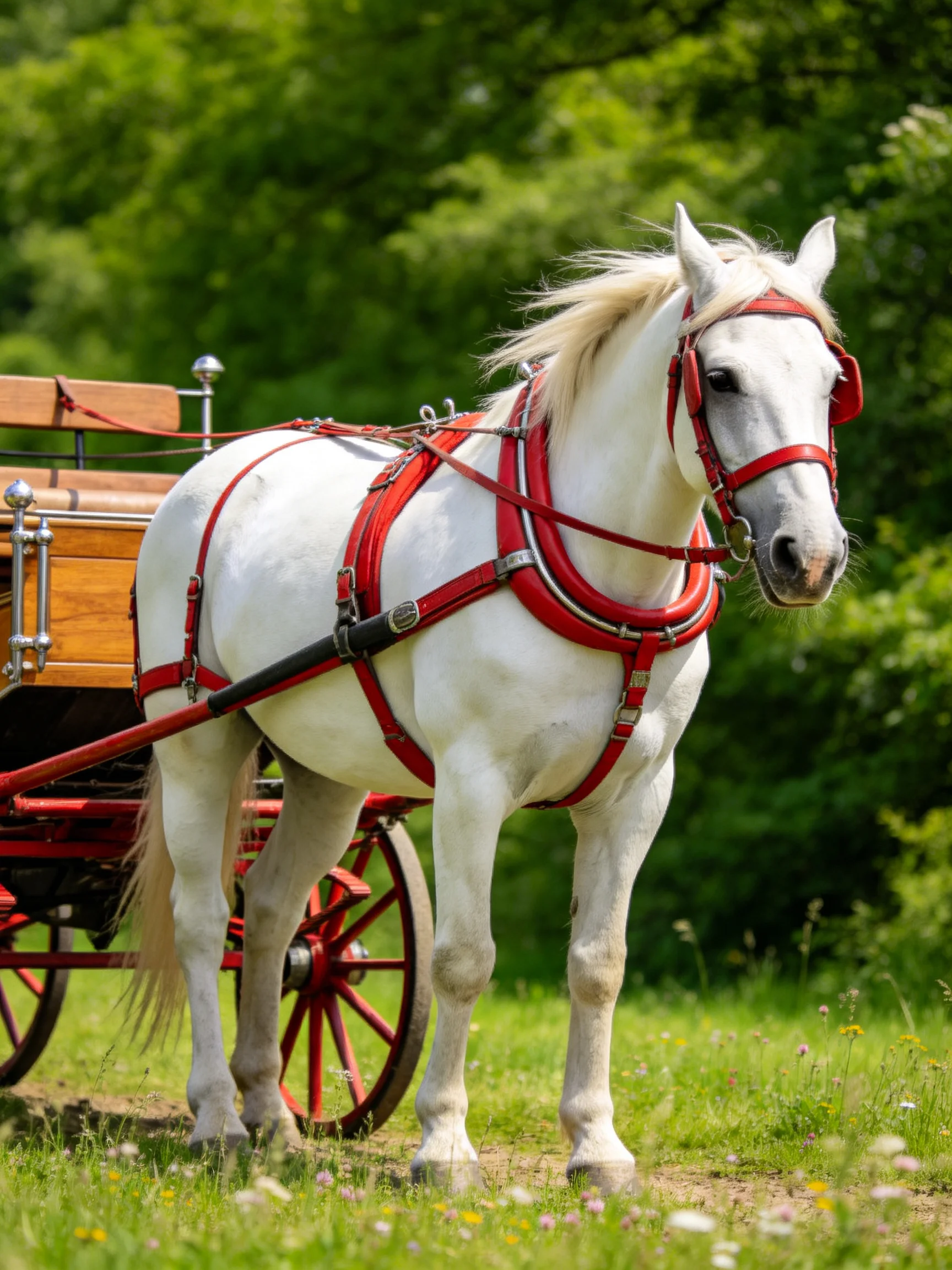 A white horse with a red harness stands near a wooden carriage in a verdant landscape.
