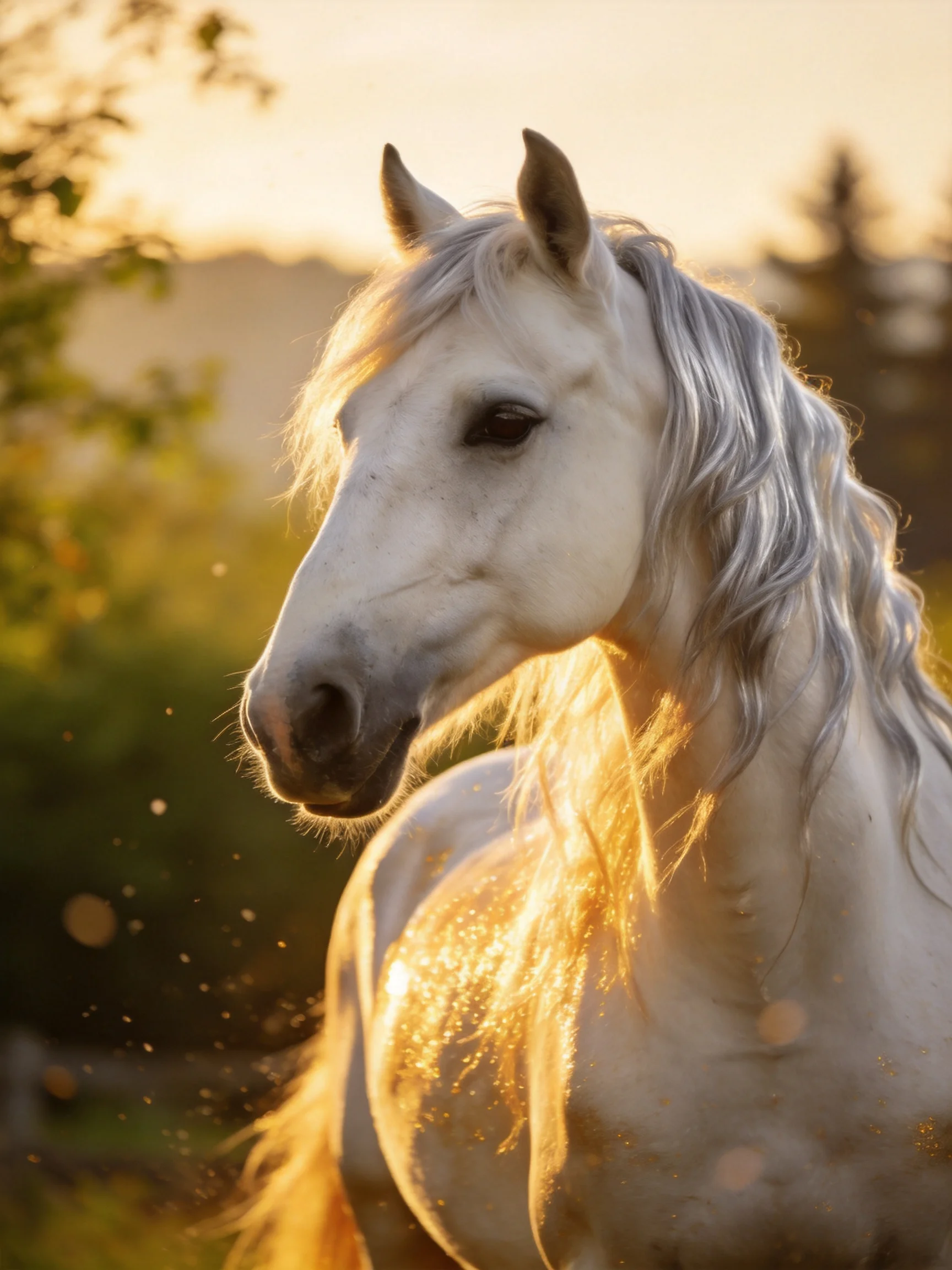 A majestic white horse with silver mane under golden sunlight
