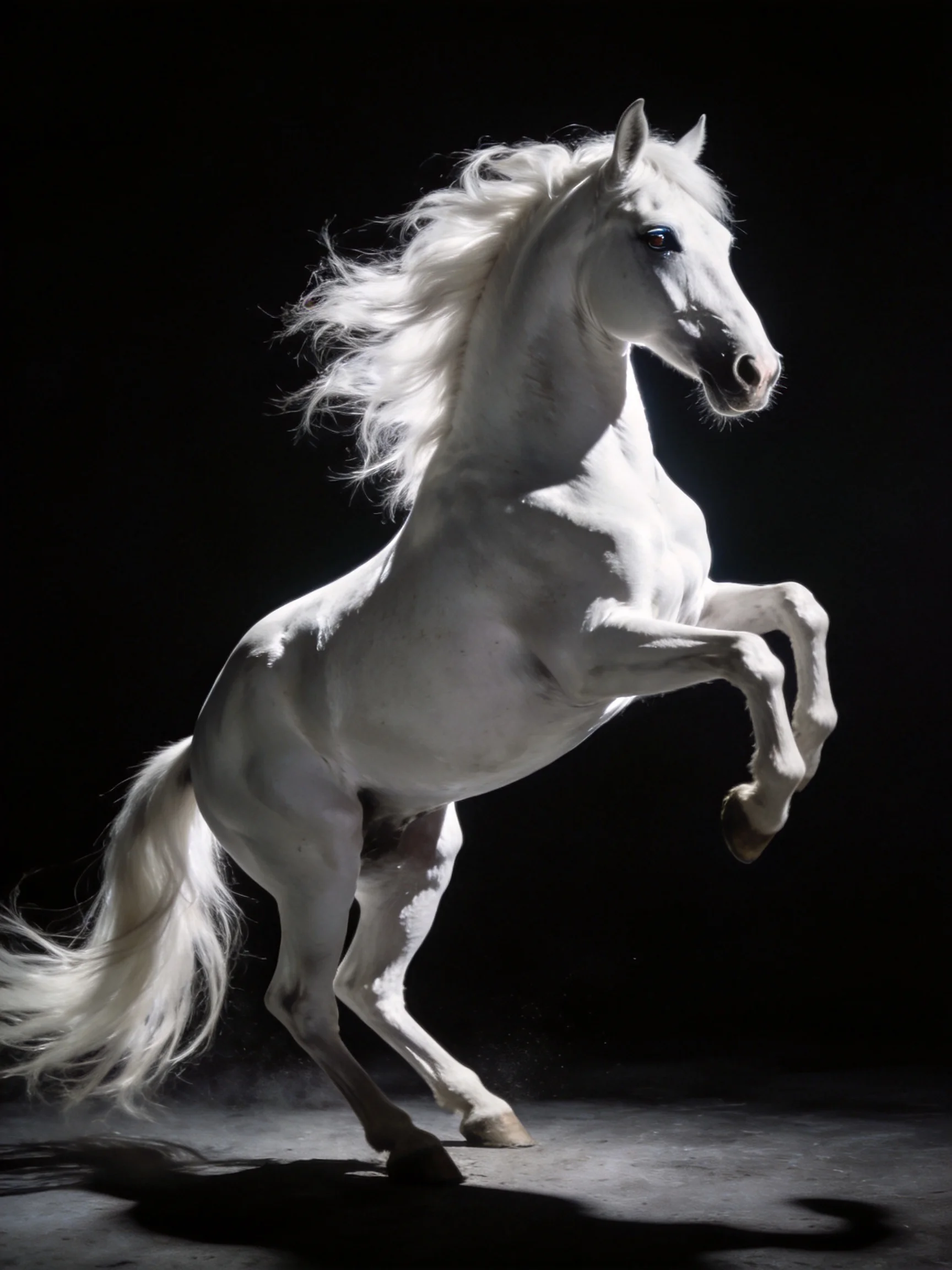 A majestic white stallion rears against a stark black backdrop