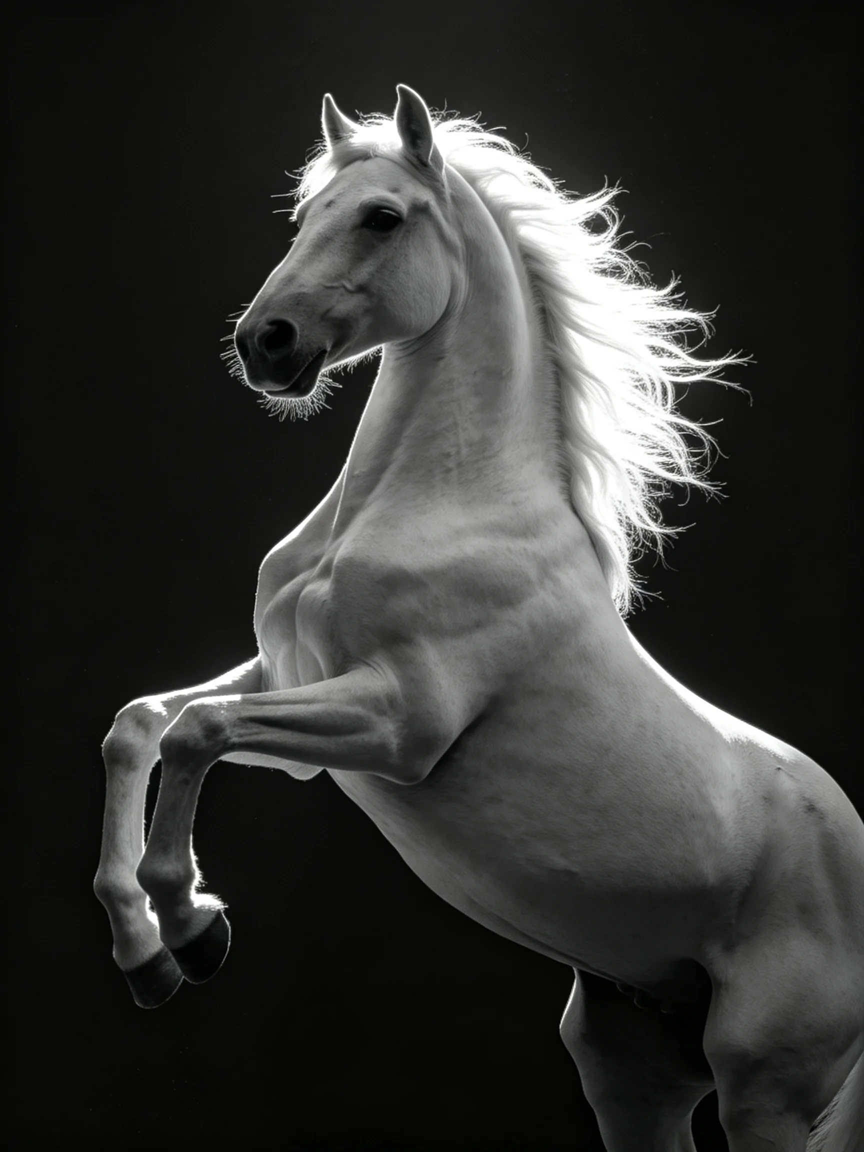 A majestic white stallion rears powerfully on a stark black background