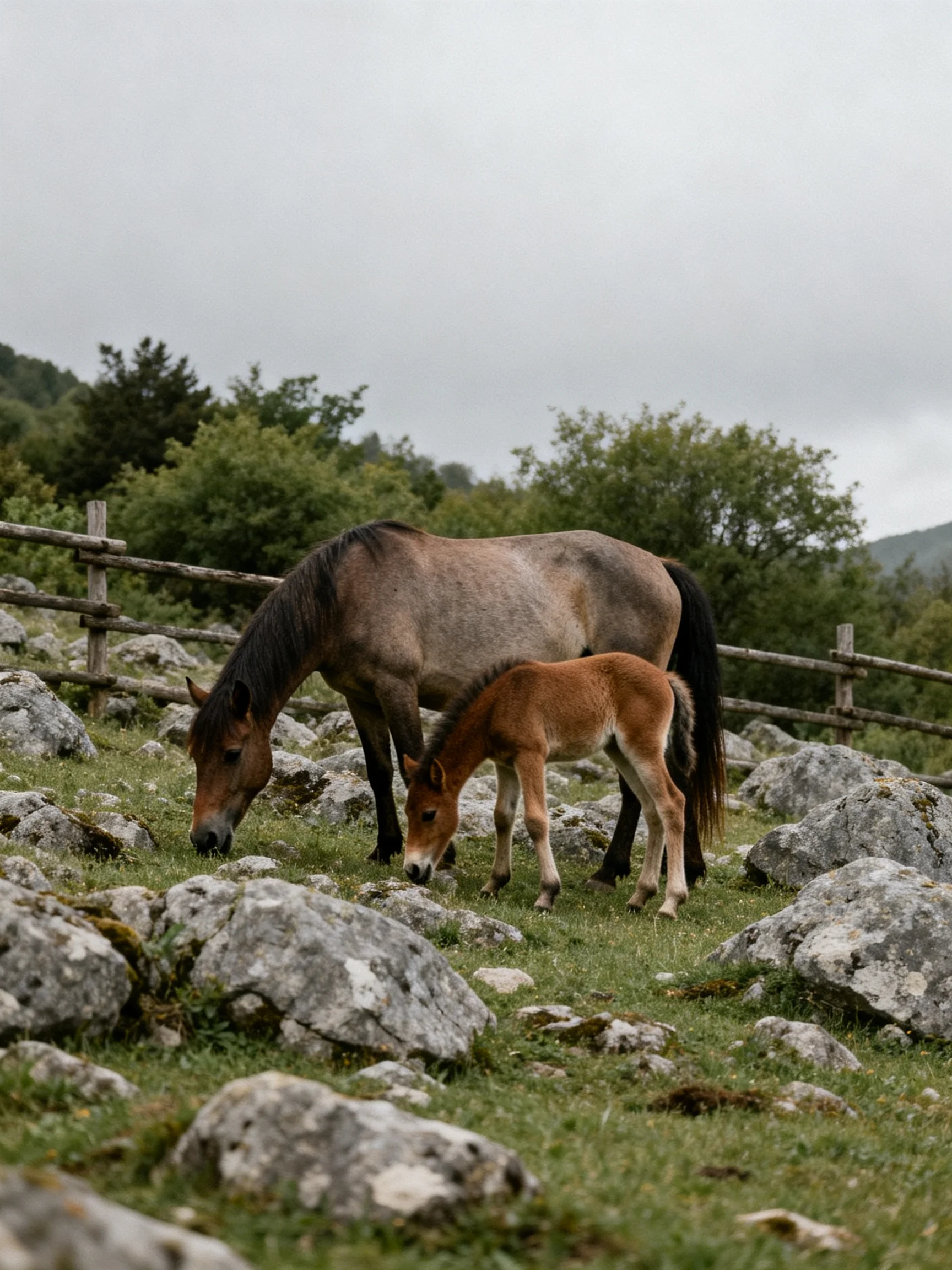 A mare and her foal graze together near rocky terrain and a wooden fence.