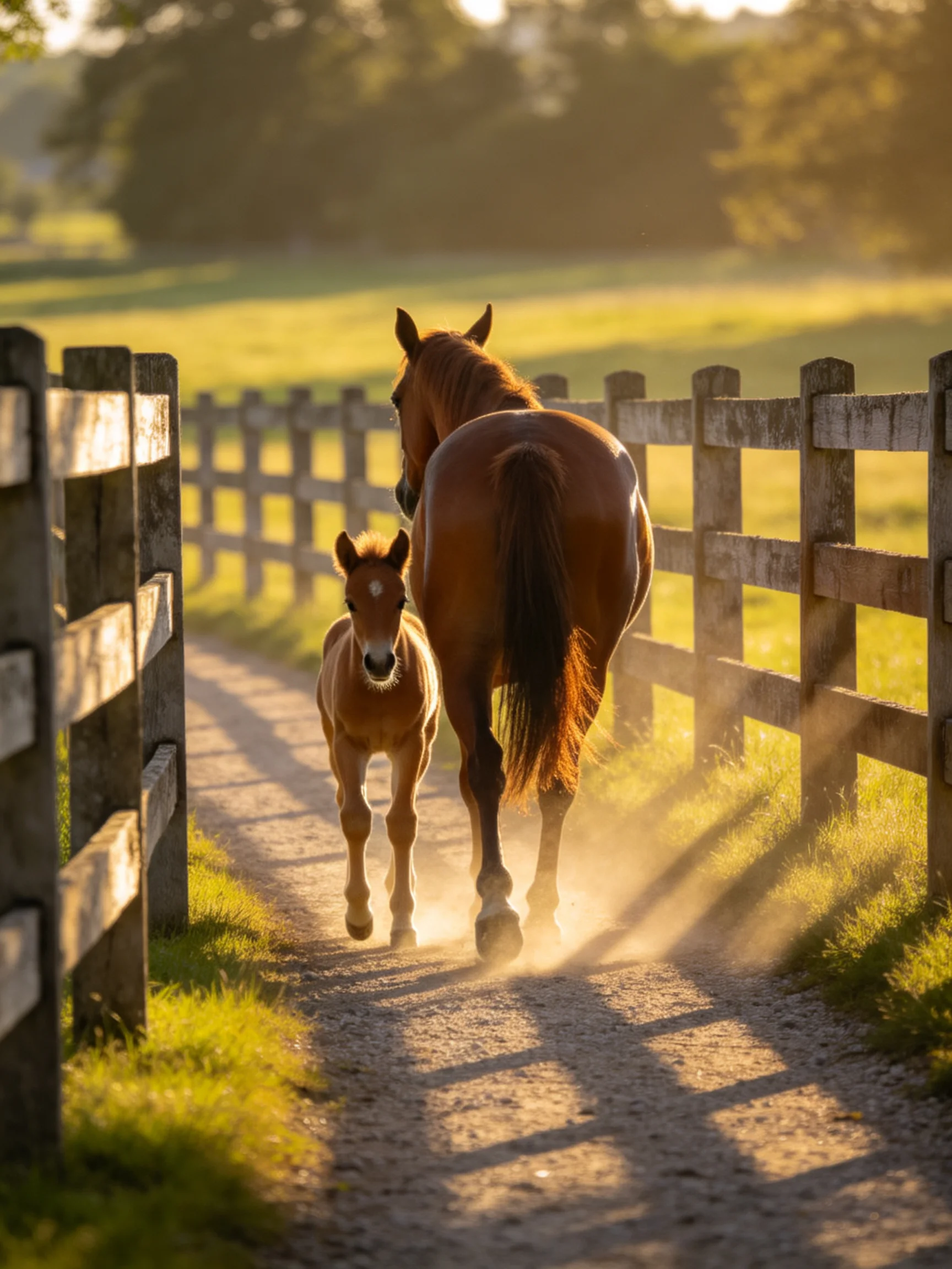 A mare and foal walk along a sunlit dirt path beside a wooden fence