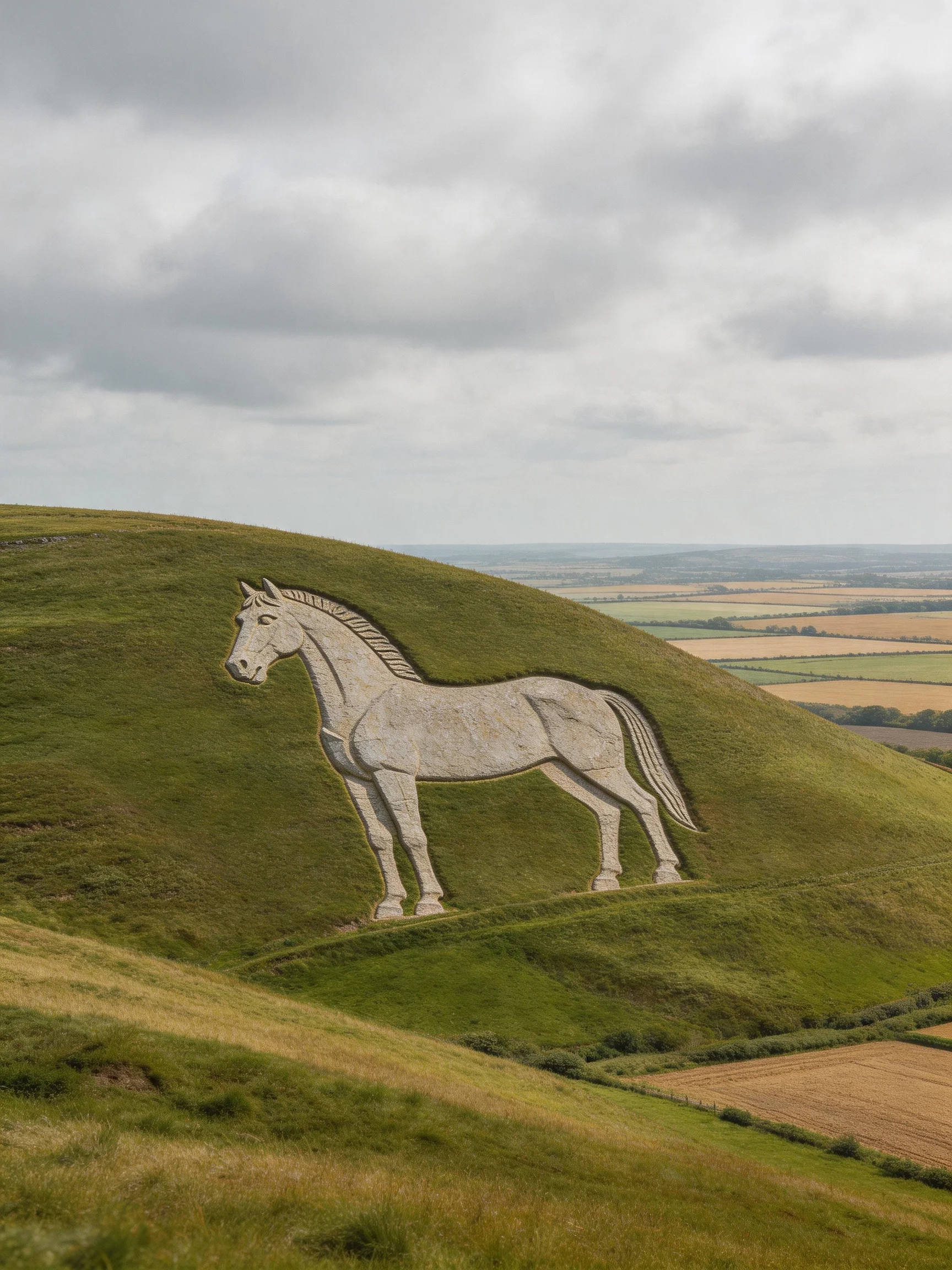 A massive white horse carving on a verdant hillside