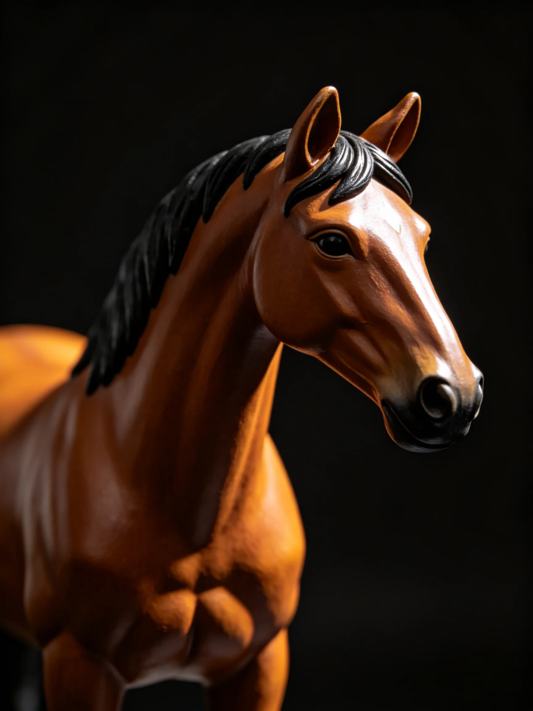 A meticulously crafted brown horse figurine with glossy black mane