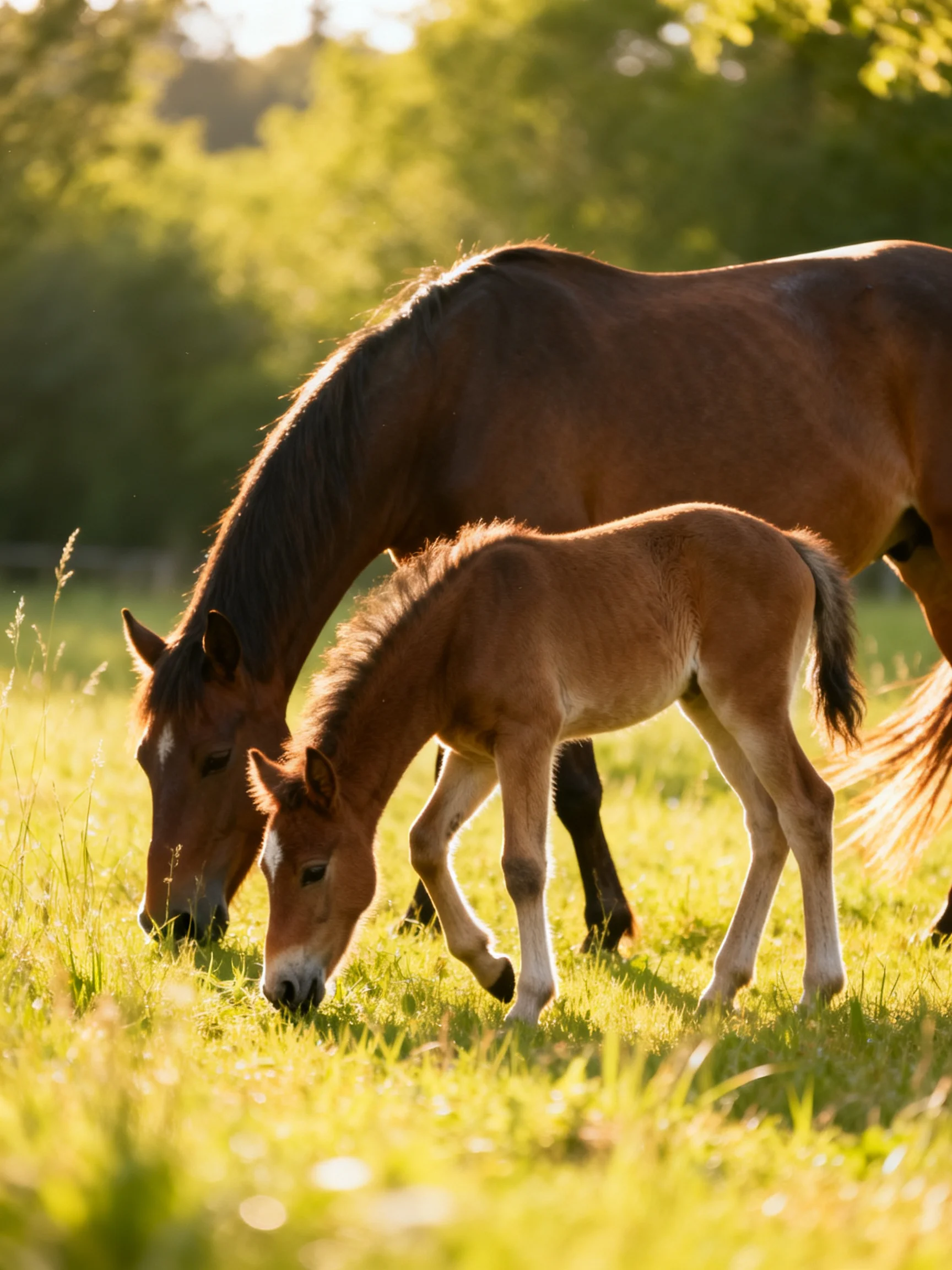 A mother brown horse and her foal graze in a sunlit green pasture