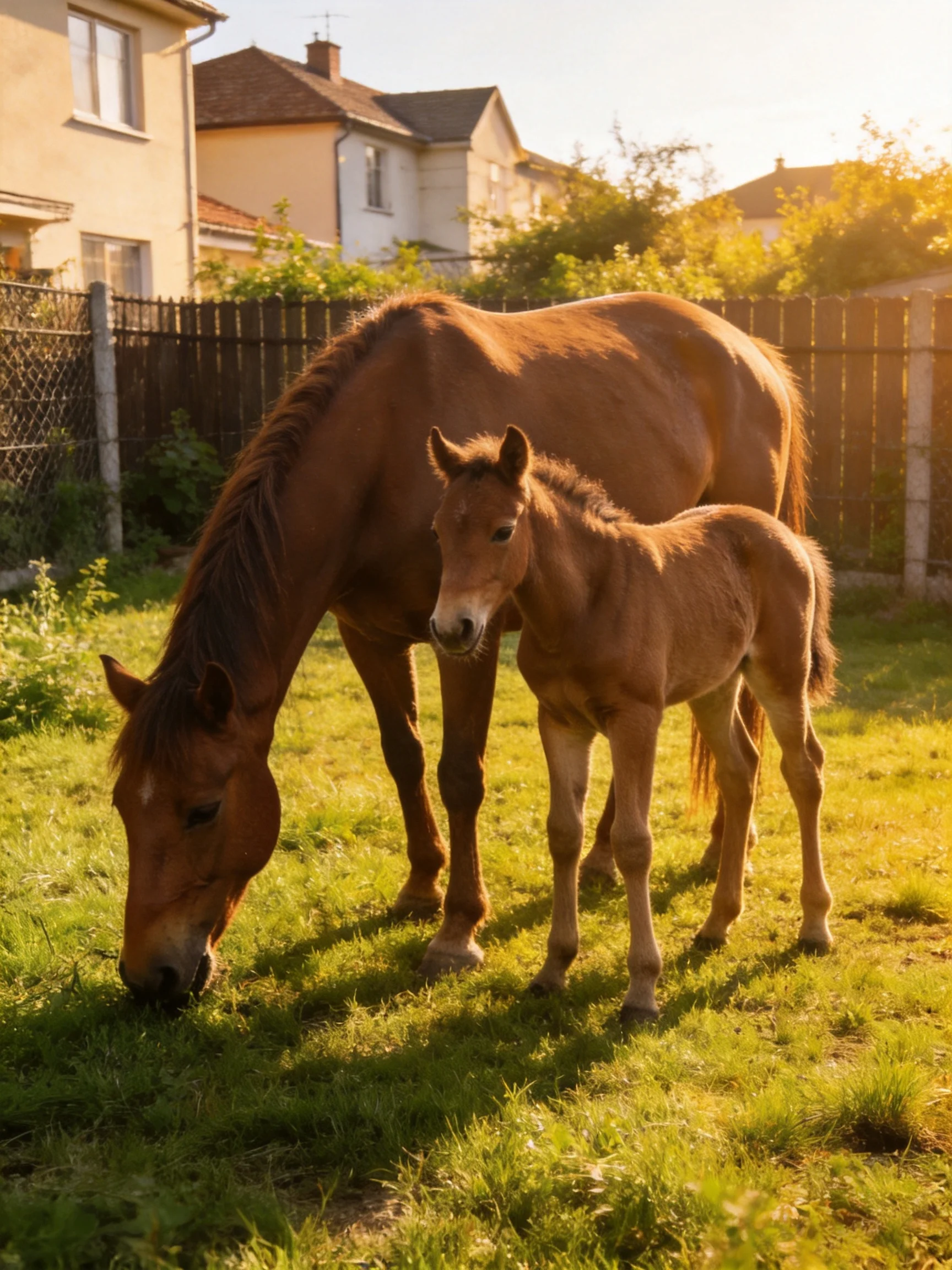 A mother brown horse and her foal graze in a sunlit residential yard