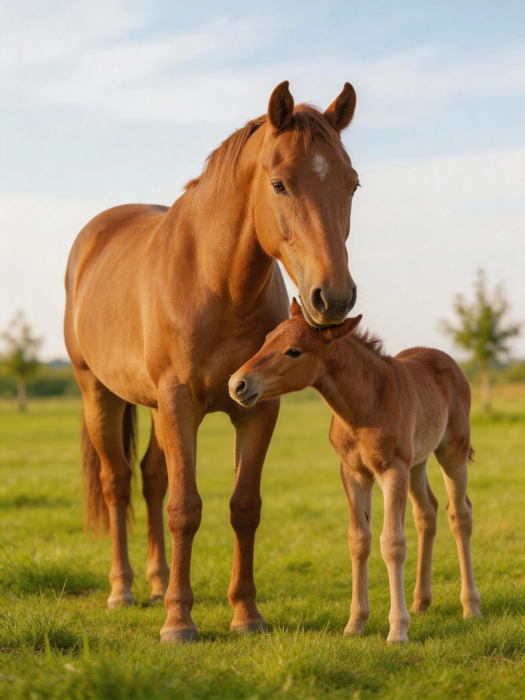 A mother brown horse and her foal in a green pasture